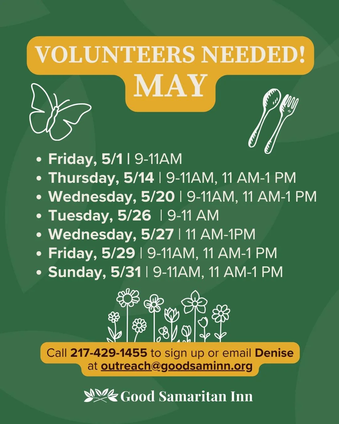 If you&rsquo;ve been looking for a way to make a difference, May is a beautiful time to start. 🌱

At Good Samaritan Inn, we serve 150 to 250 neighbors each day, and it takes caring volunteers to keep those meals coming and our welcome warm. As sprin