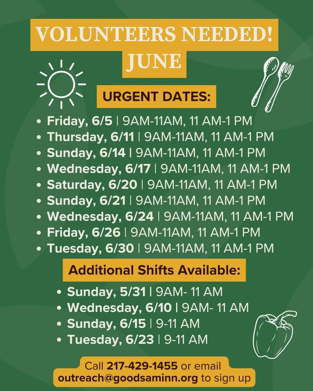 VOLUNTEERS NEEDED FOR JUNE 

June has arrived and summer calendars are filling up fast ☀️🎶
With vacations and travel plans underway, we currently have several volunteer openings and would love some extra hands in the kitchen this month!

Every singl