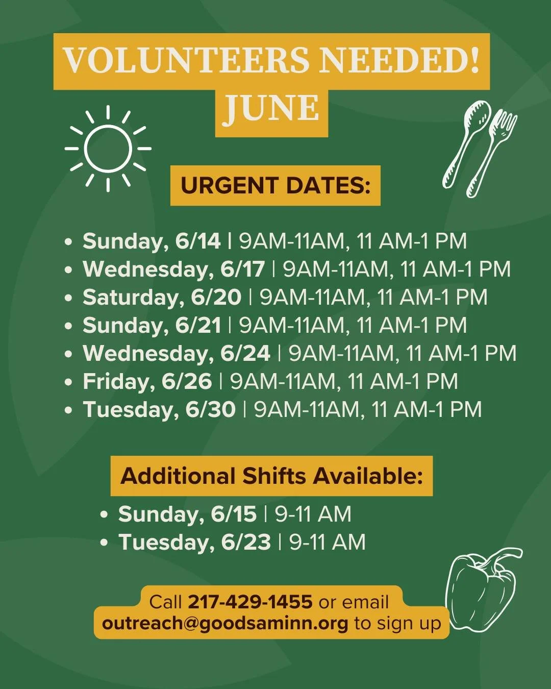 VOLUNTEERS NEEDED ALL THROUGHOUT JUNE- SECOND PLEA 

June is here, and while summer calendars are filling up with vacations, family gatherings, and fun in the sun, our need for volunteers is greater than ever. Today alone, nearly 300 people counted o