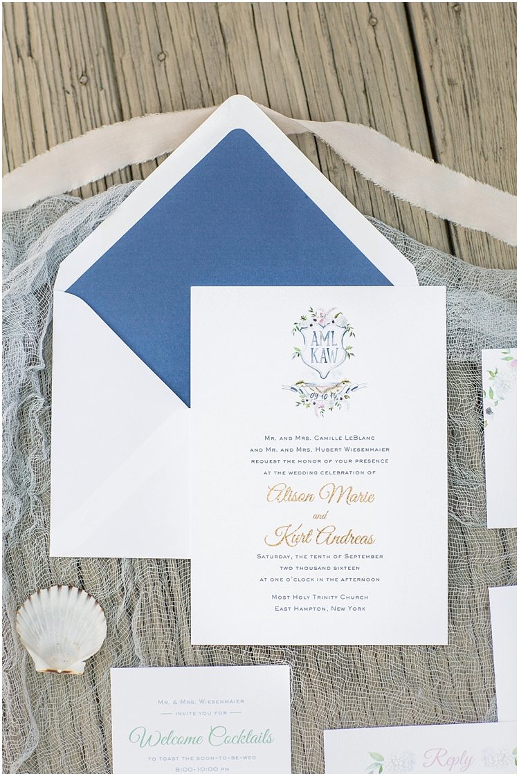 Nautical East Hampton Watercolor Crest Gold Foil Wedding Invitation