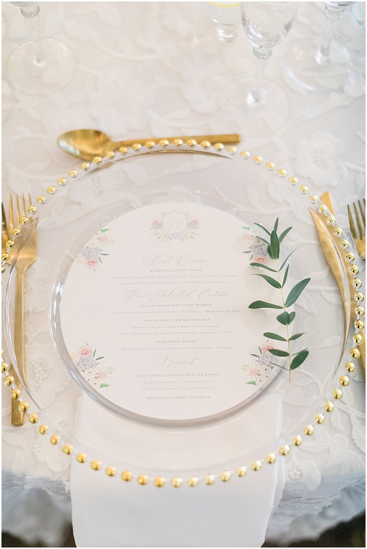 round watercolor crest wedding menu