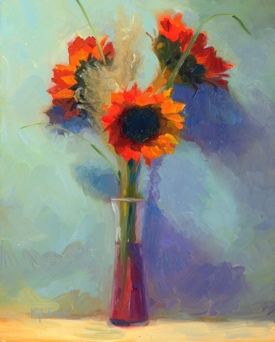 Sunflowers in Orange (Oil on Panel)