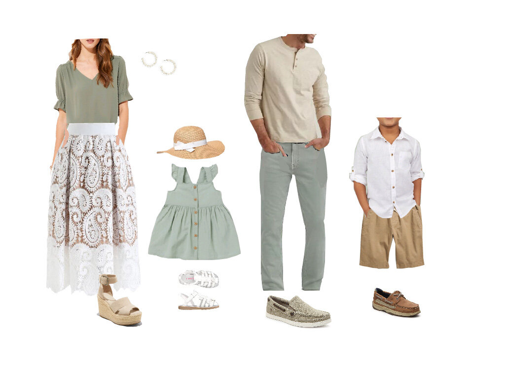 Summer family outfit ideas with seafoam green, white lace, tan and khaki.
