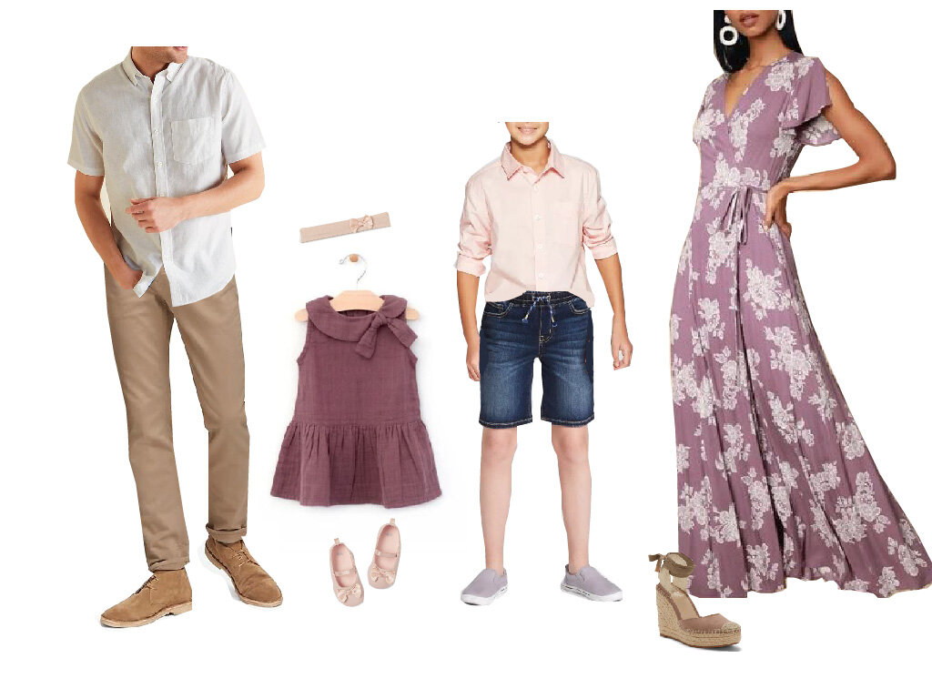 Looking for what to wear for family photos this summer? Here is a great color palette for a family photo session with purple, pink, tan, and white.