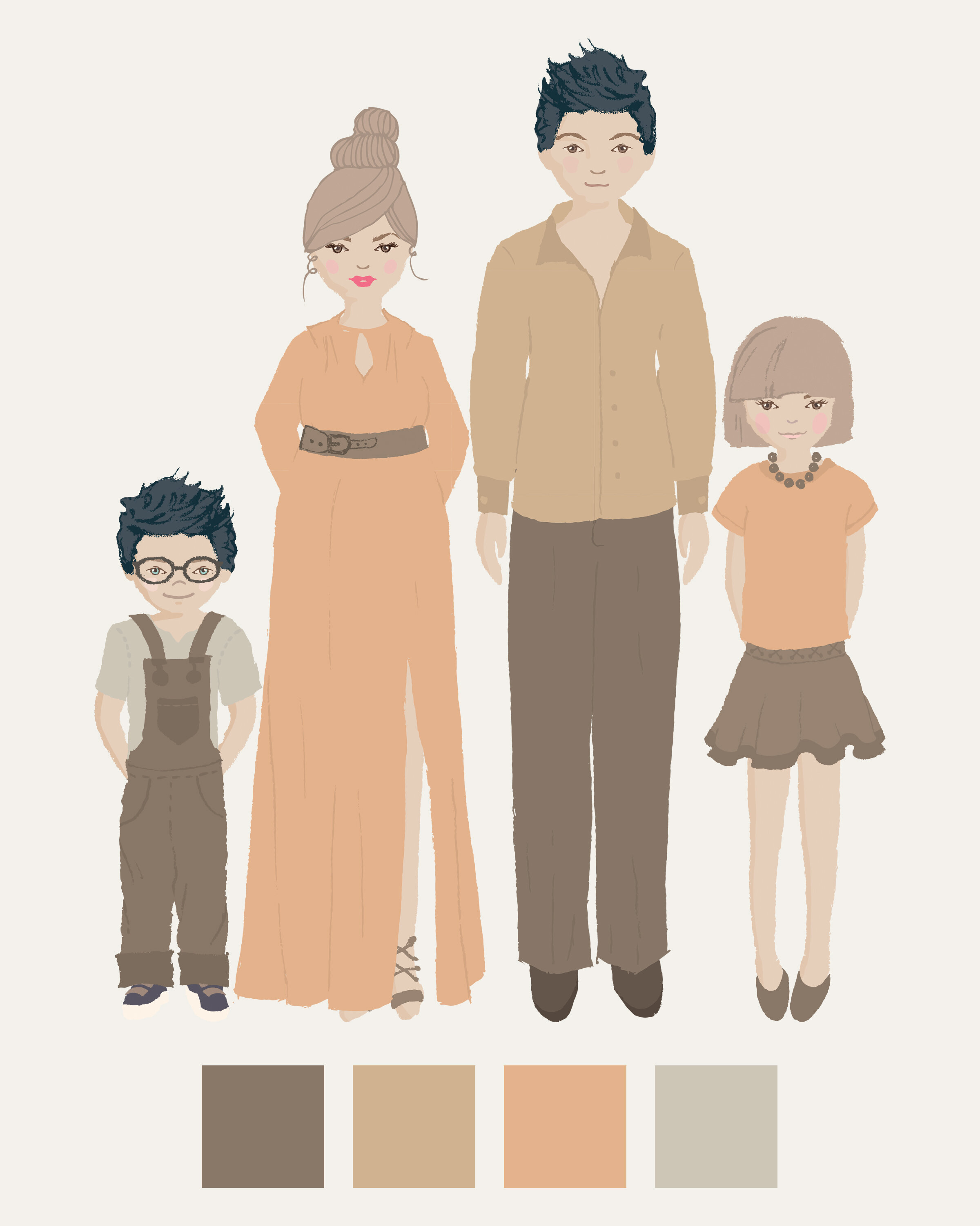 Family outfits color palette with peach, brown, tan, and caramel colors. Think muted tones when choosing outfits for your family photos. Bold and bright colors can often distract from your family pictures.