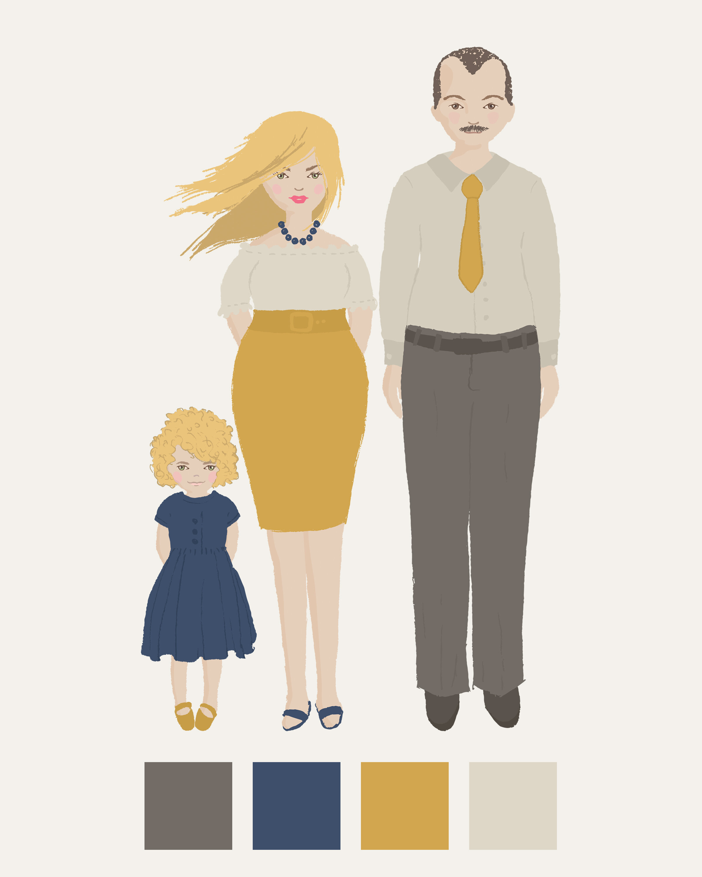 Family photo outfit ideas with color palette in gold, navy blue, taupe, and cream.