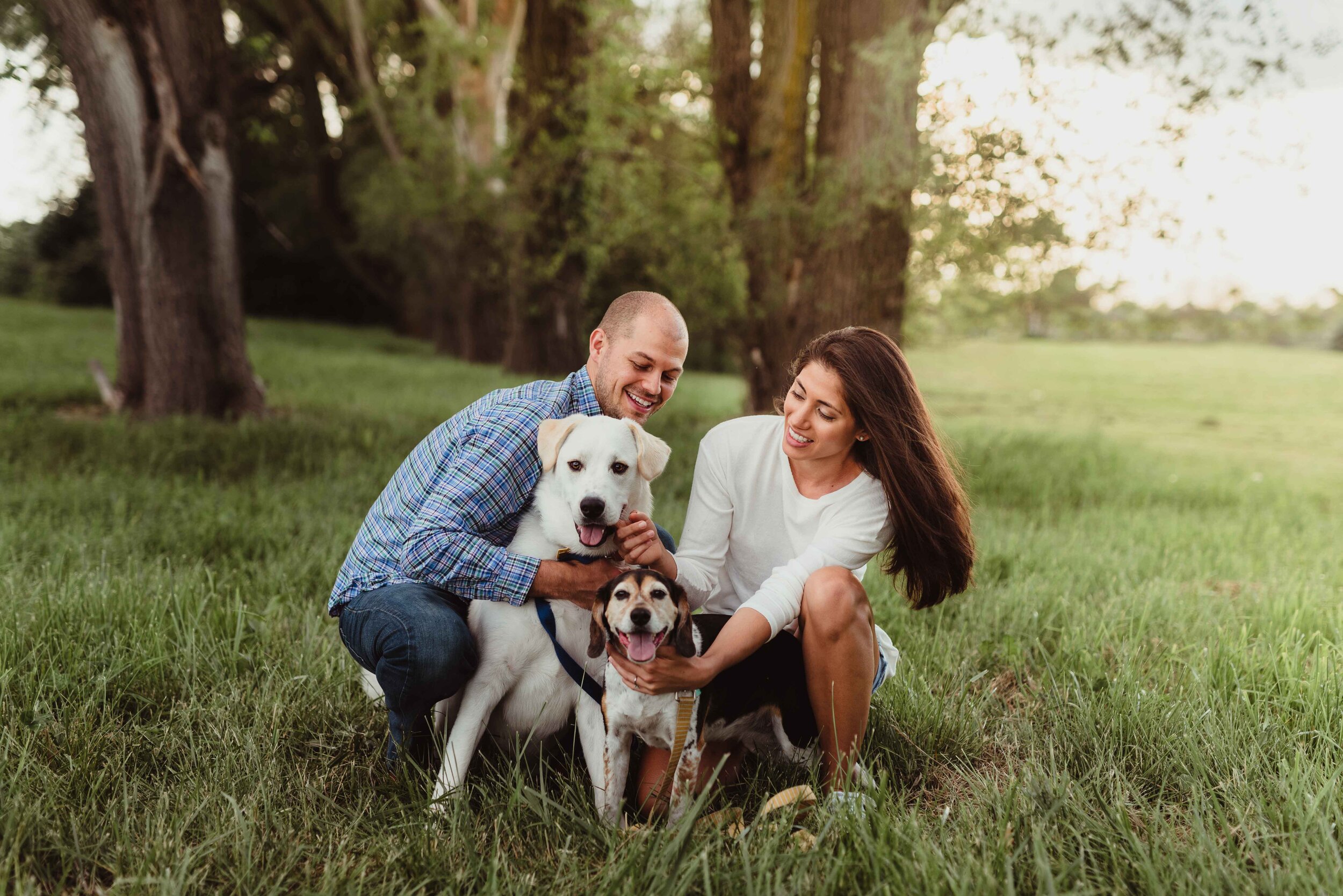 Cute engagement photos in natural field in Lafayette, Indiana with dogs