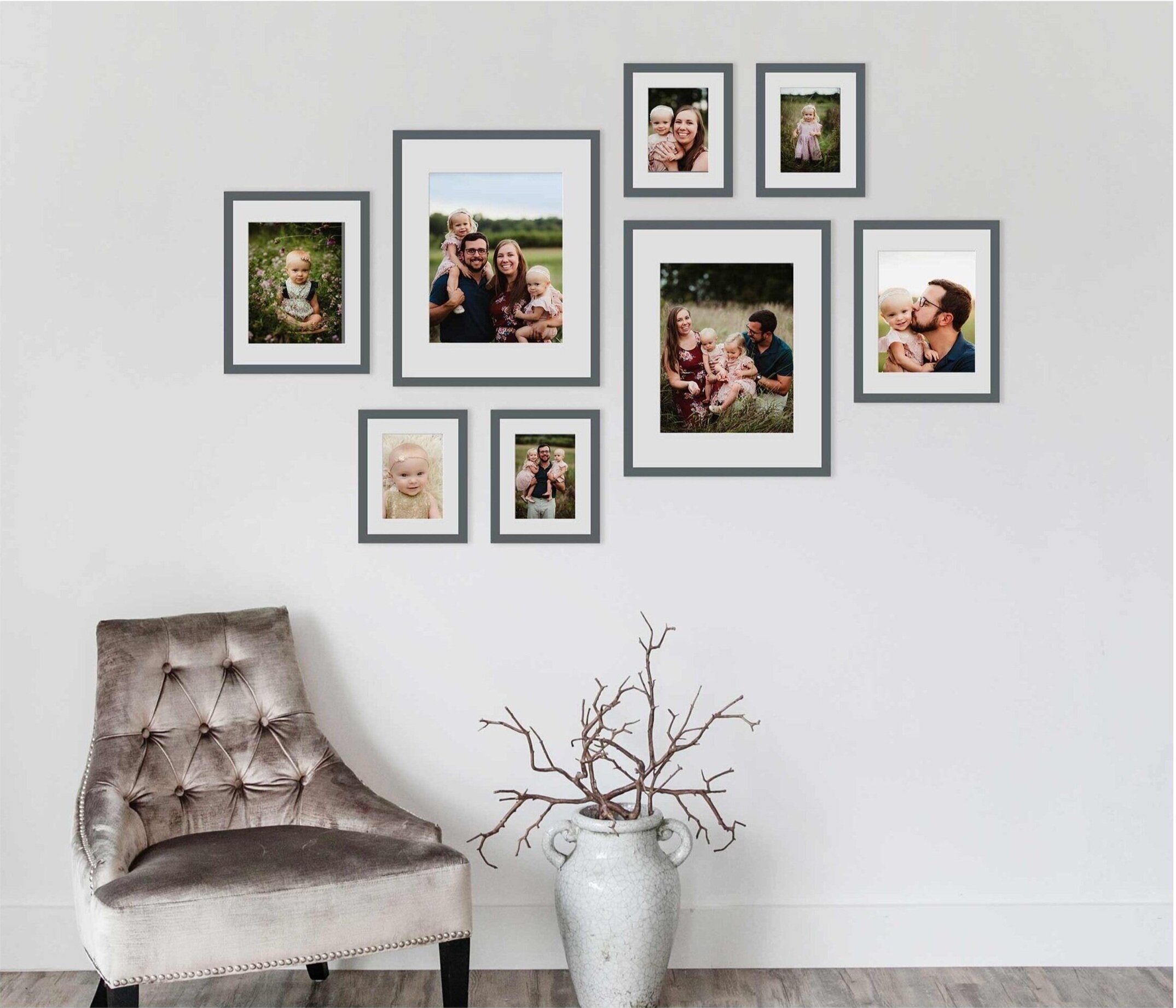 An eclectic wall gallery is a great and stylish way to hang  family photos when you can’t narrow it down to just a few! Kelly McPhail Photography in Lafayette, Indiana helps  her clients choose and hang family photos after their family photography s…
