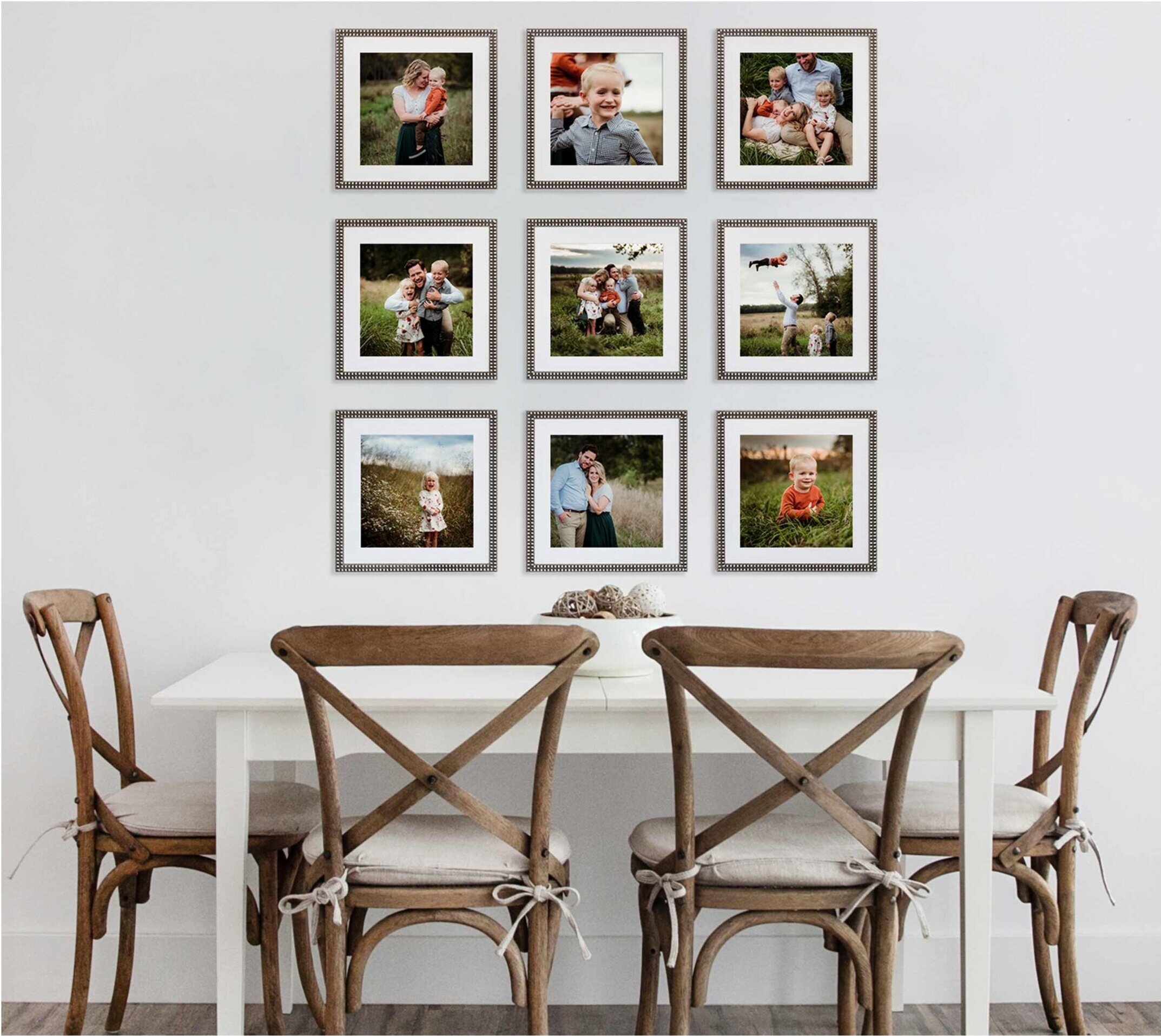 A grid is a great way to display family photos on your walls. Here is an example of 9 square photos displayed as a gallery wall in the dining room in Lafayette, Indiana.