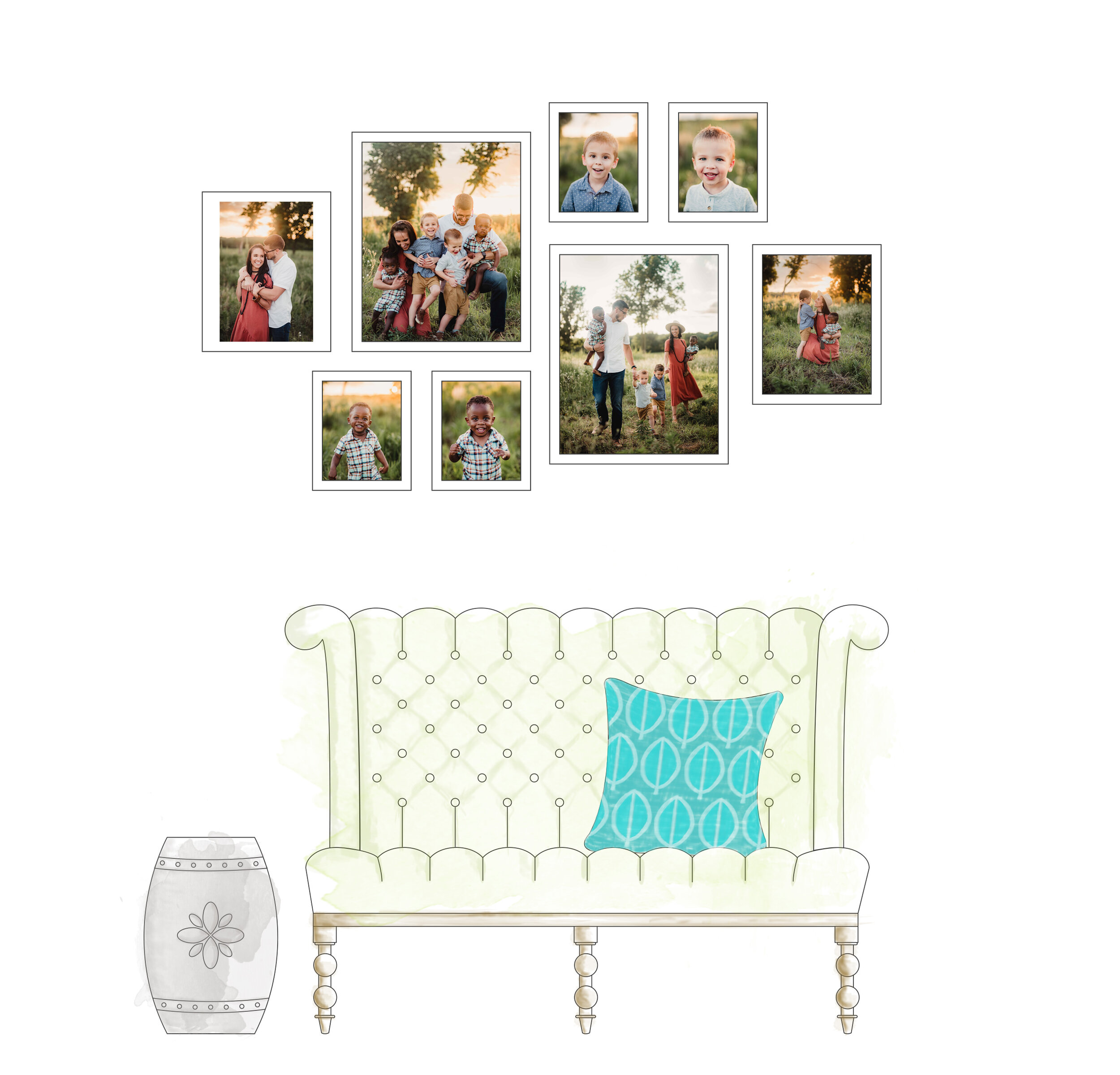 A gallery wall is a great way to display multiple photos from one session or choose your favorites from over the years. You can also easily switch out photos after you’ve had new family pictures taken.