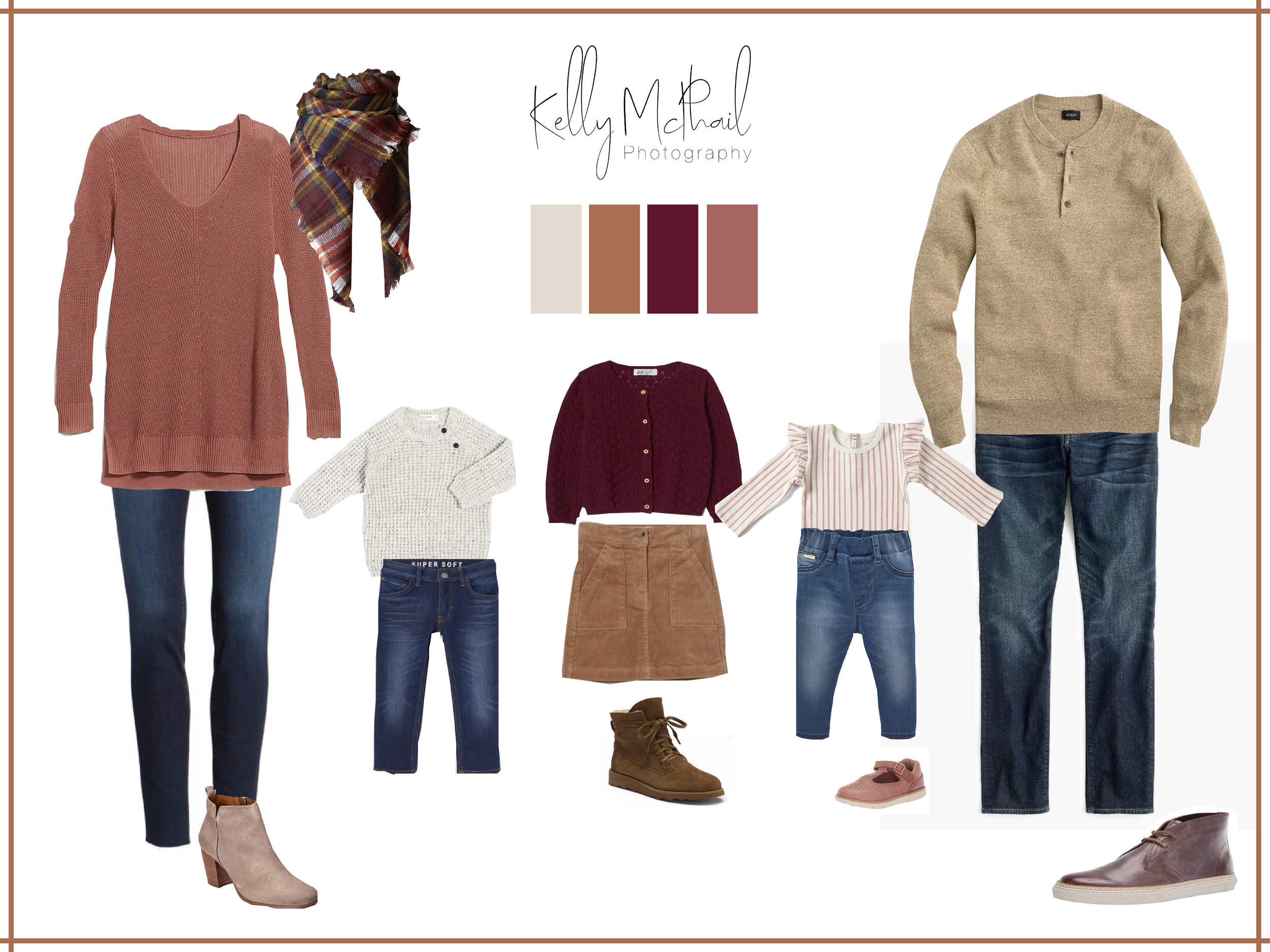 Summer/fall family outfit ideas for family photoshoot with browns, gold, navy blue, and tans.