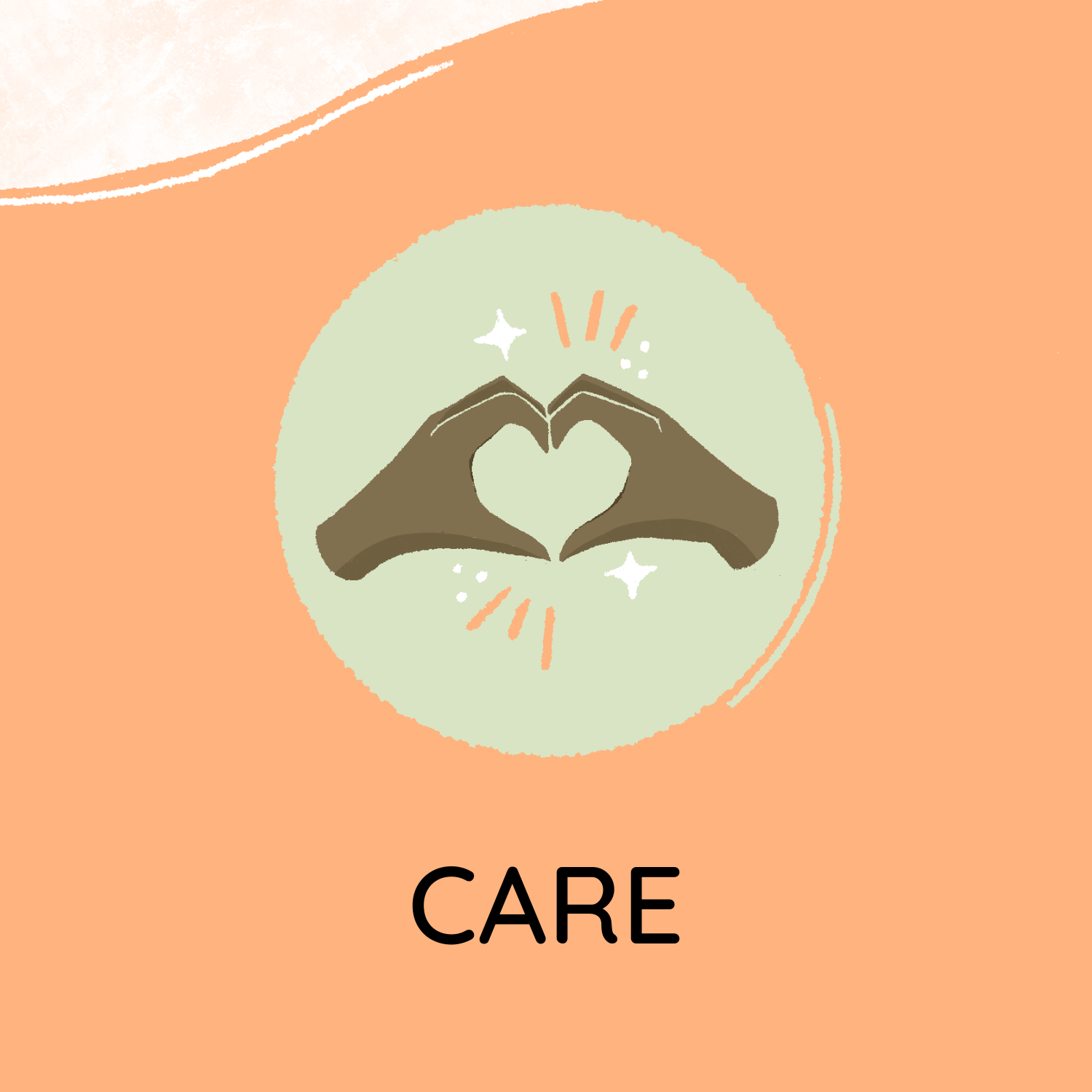 peach box with hands holding a heart and the text "CARE"