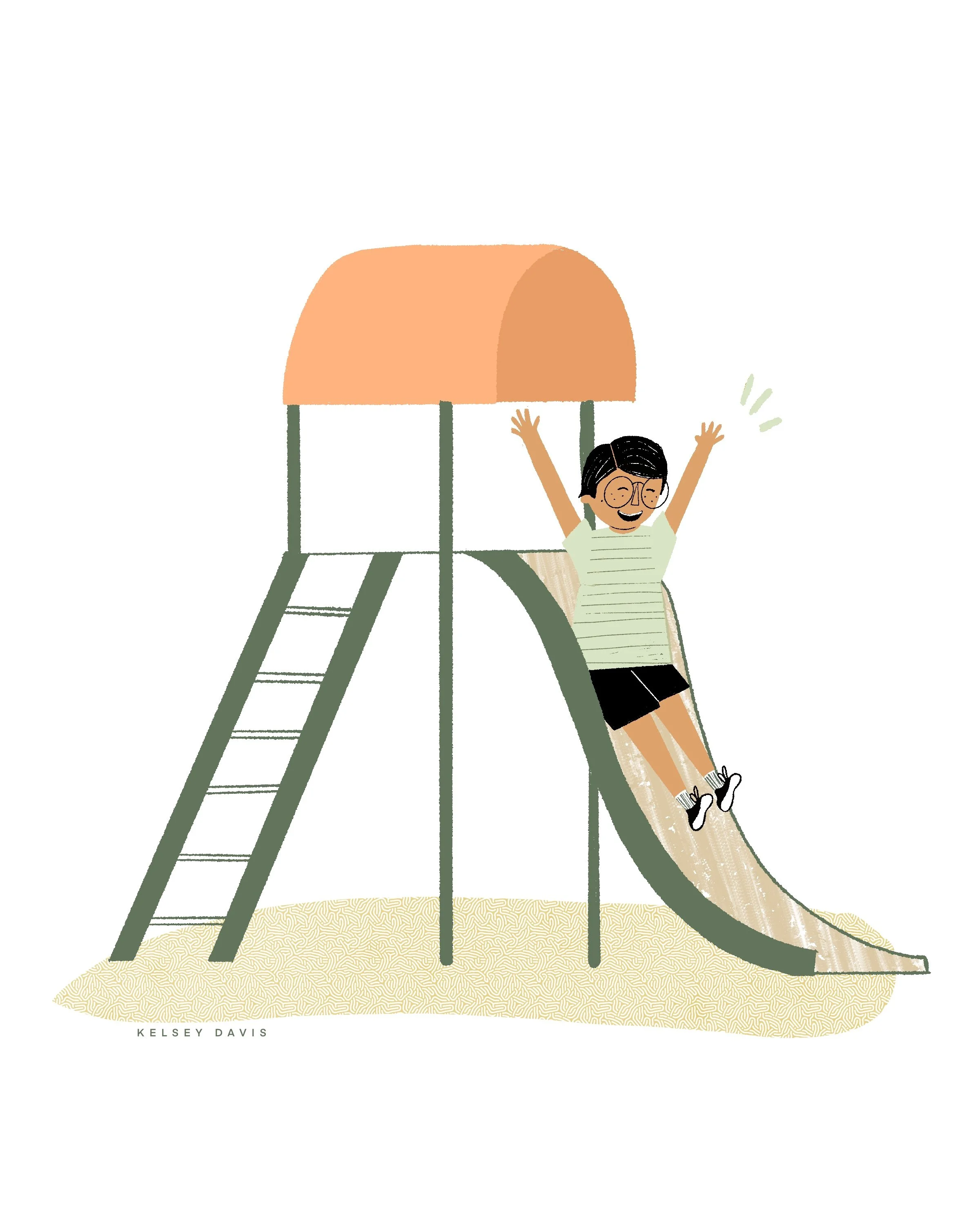 a child slides down a piece of playground equipment with a big smile and arms raised in joy