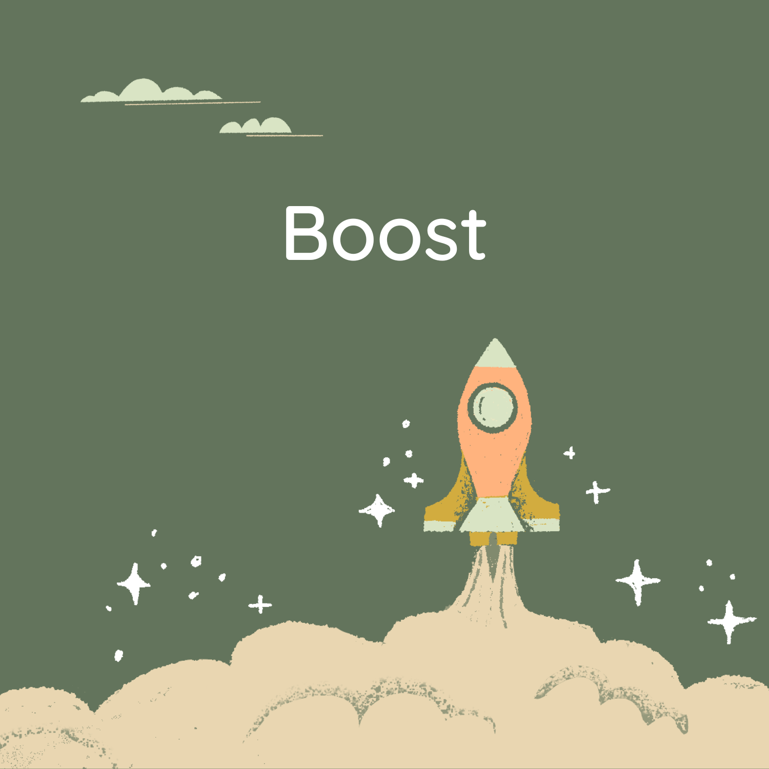 dark green box with a rocket ship lifting off and the text "Boost"