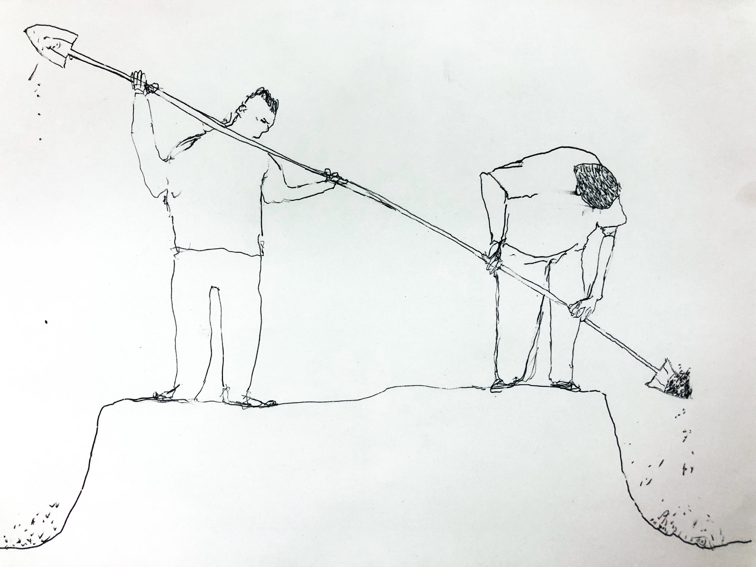 Digging two holes with one shovel or building a bridge (Action Drawing Series), 2017. Pen on paper. 7 x 9.75 in.