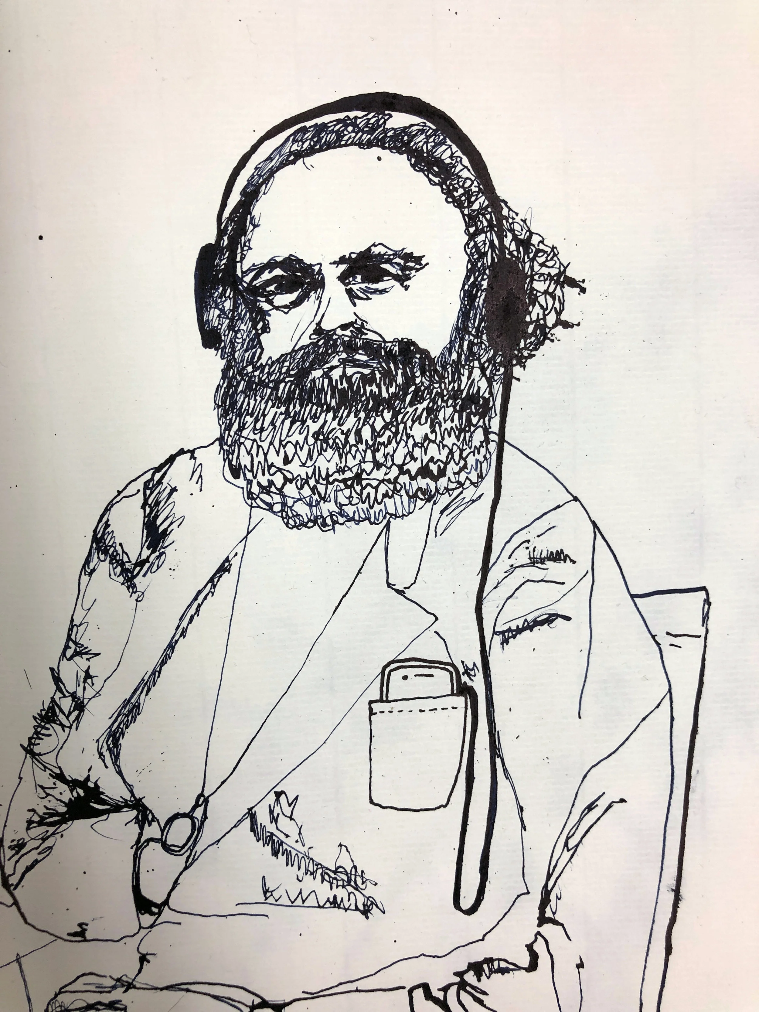 Karl Marx listening to Spotify (Action Drawing Series), 2018. Ink on Paper. 11.5 x 8 in.