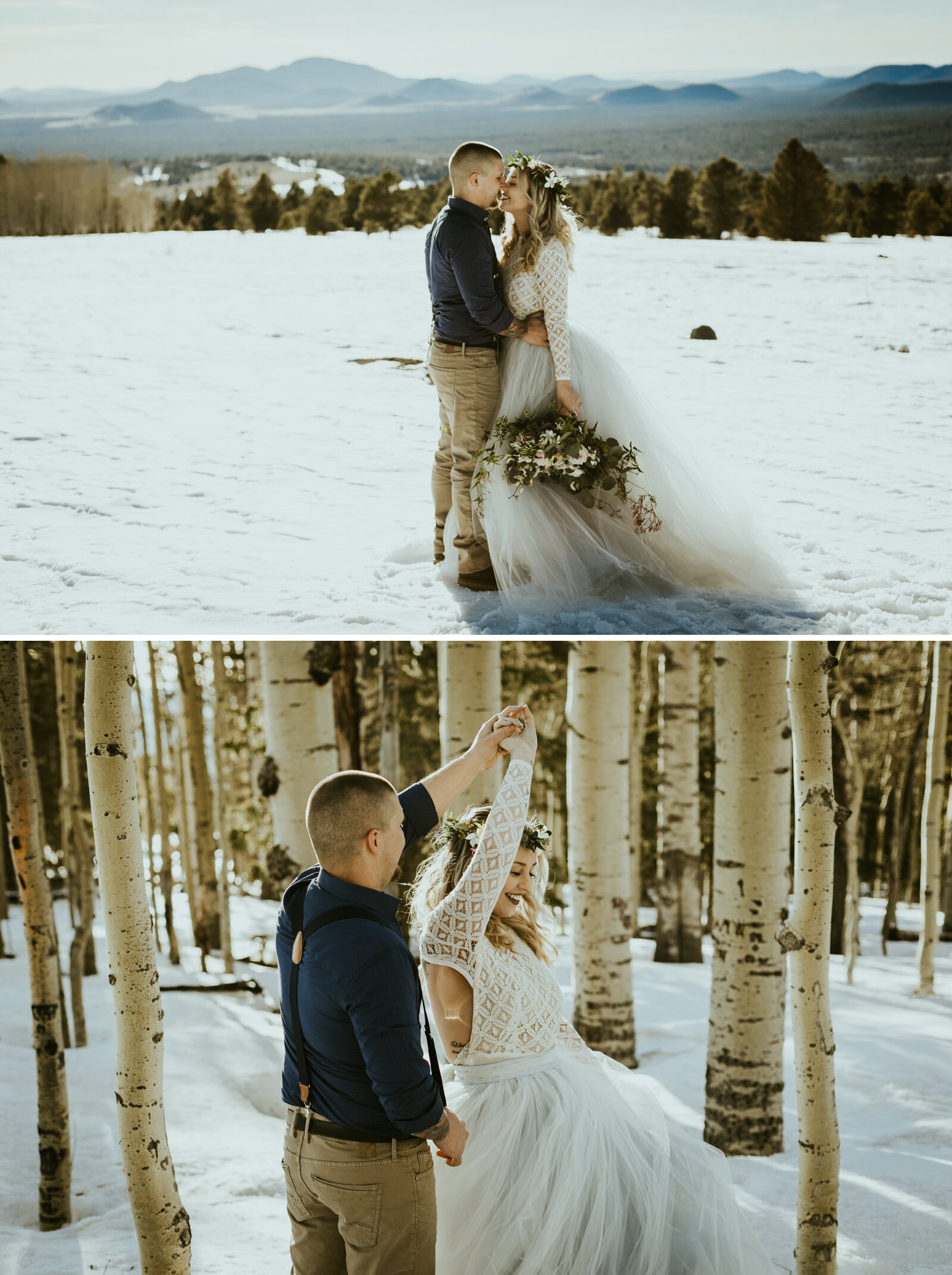 arizona snowbowl mount humphreys flagstaff arizona wedding styled shoot tulle wedding dress sweet caroline styles skirt flower crown bridal separates winter wedding snow wedding ski bride and groom.jpg