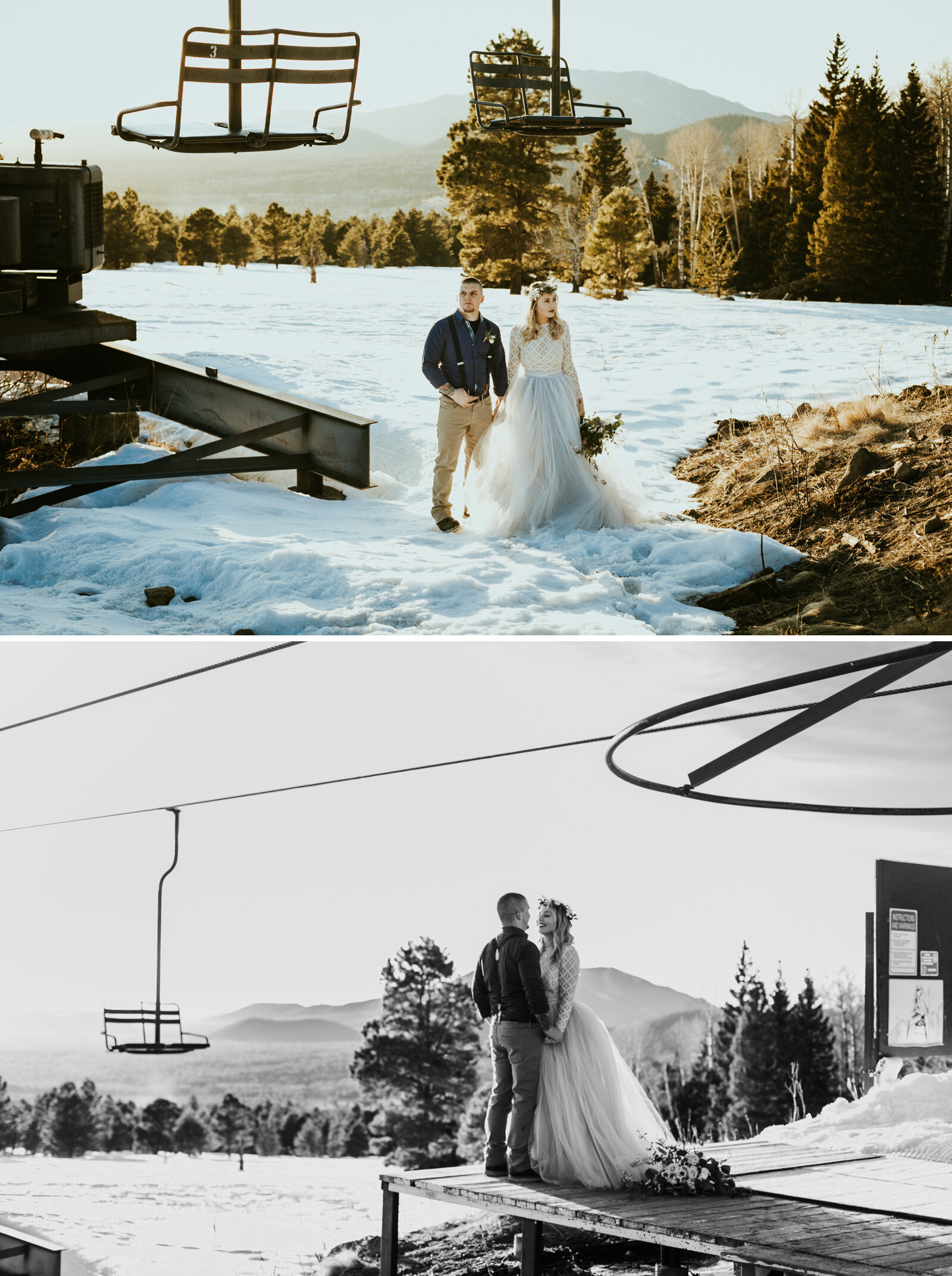 arizona snowbowl mount humphreys flagstaff arizona wedding photos styled shoot sweet caroline styles tulle wedding skirt snowy wedding ski wedding ski lift bride and groom photos.jpg