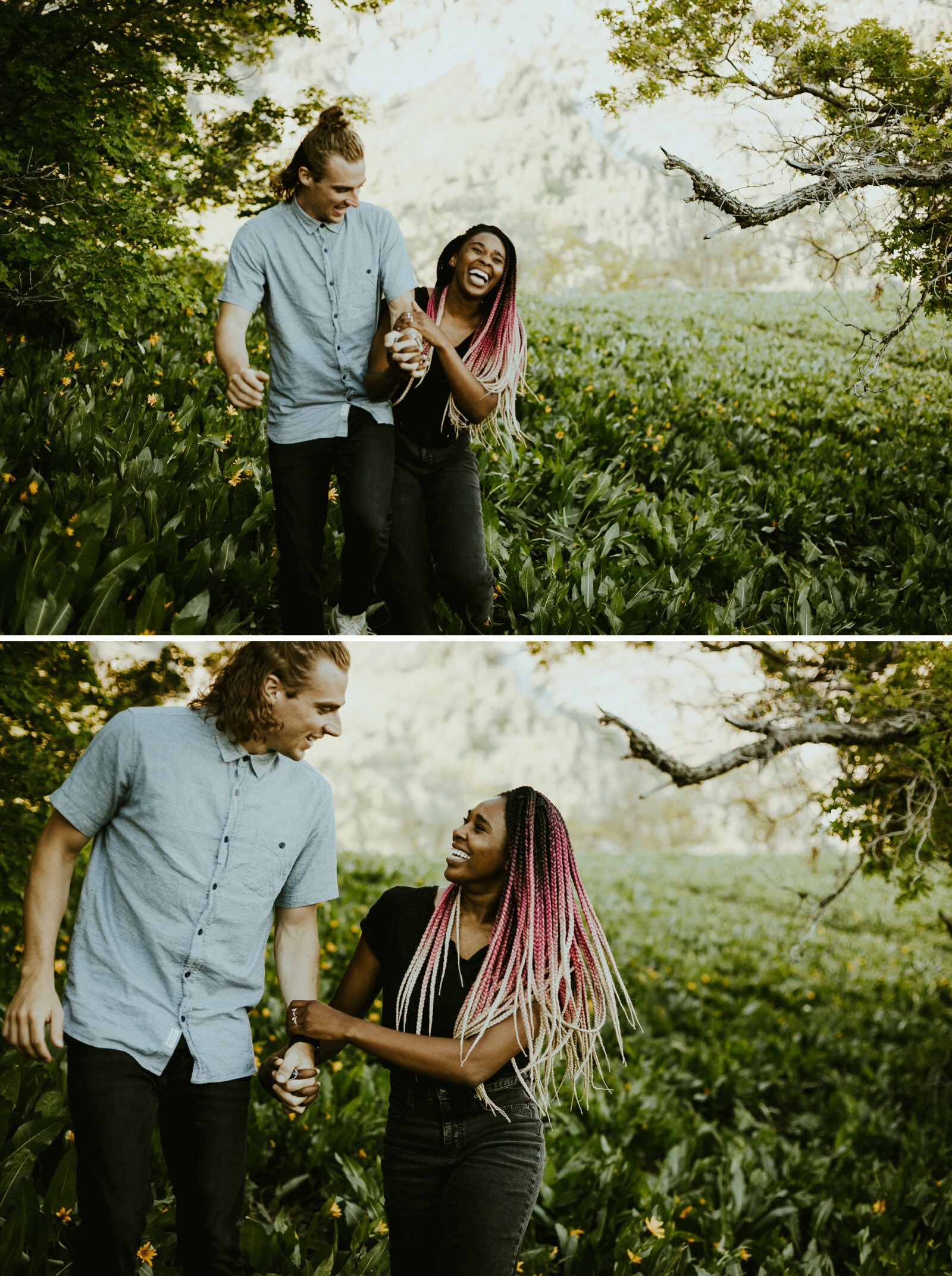 Couple walking through a field of flowers on a mountain in provo utah woman has pink hair and man has a blue shirt.jpg