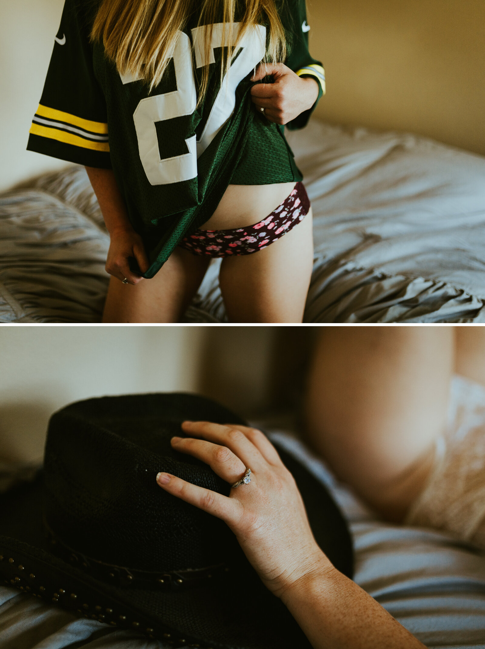 boudoir details in a packers jersey and cowboy hat with an engagement ring.jpg