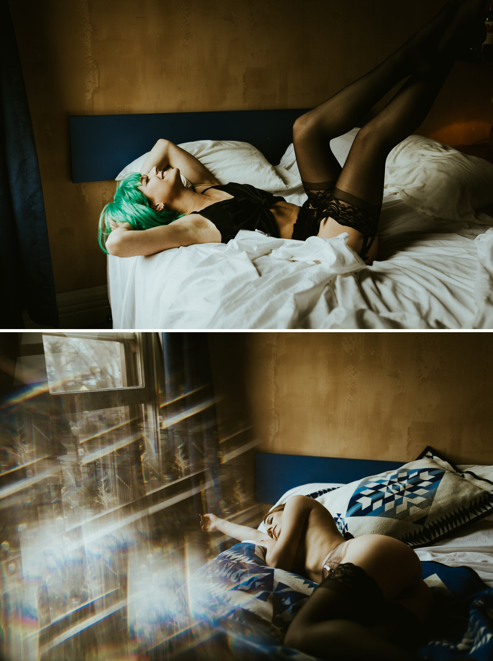 Boudoir photos laying on a bed with a green wig and thigh high tights.jpg