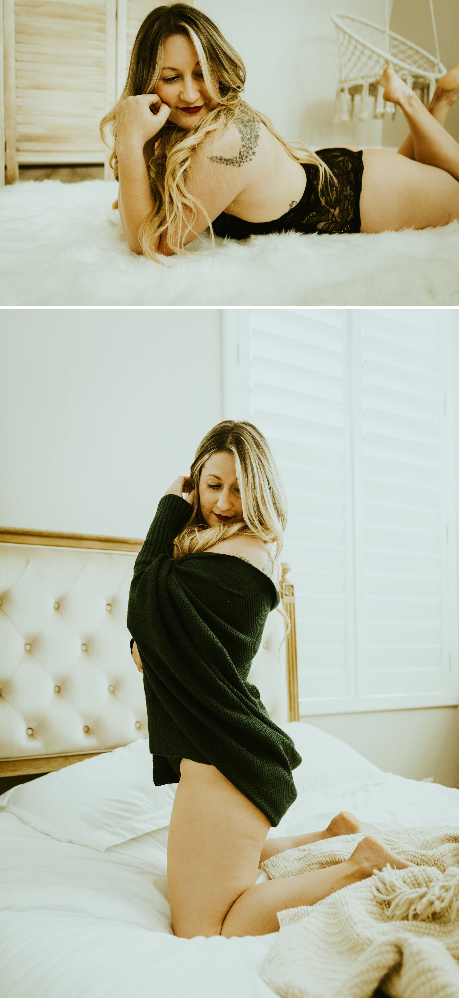 boudoir photos of a woman in a cardigan sitting in bed.jpg