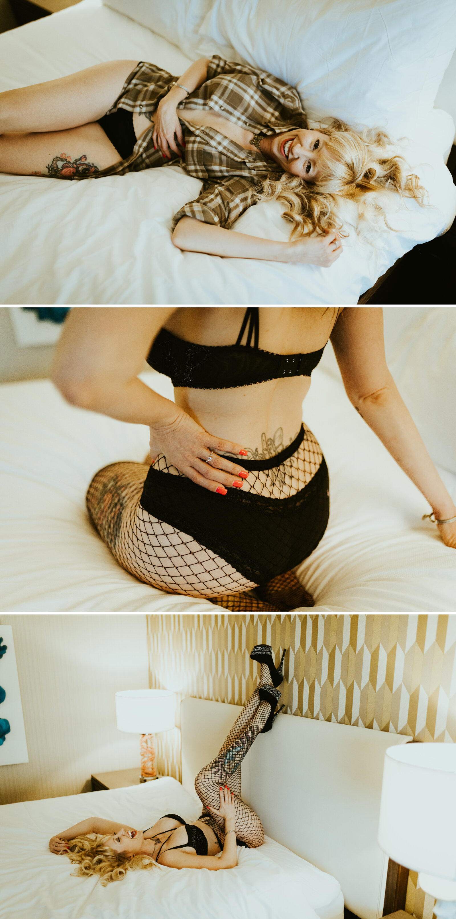 Boudoir photos taken for self empowerment a woman laying in a bed laughing.jpg