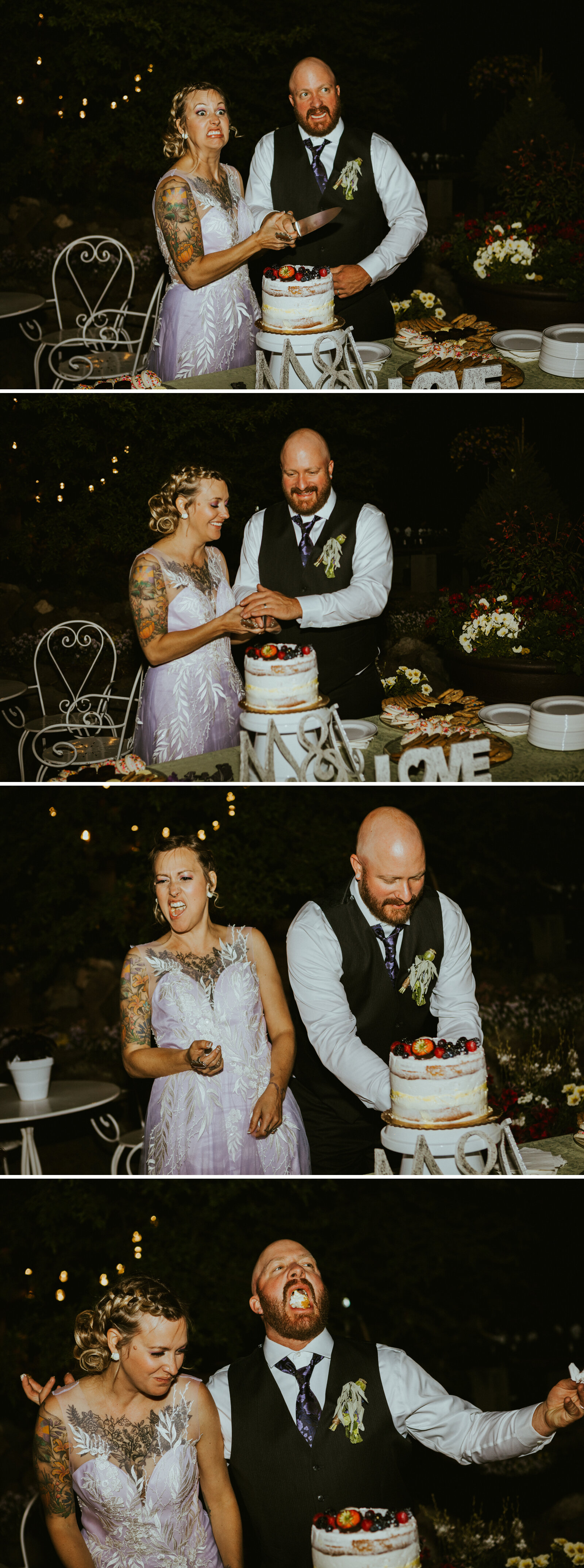 a bride and groom cutting their cake during their wedding reception making silly faces.jpg