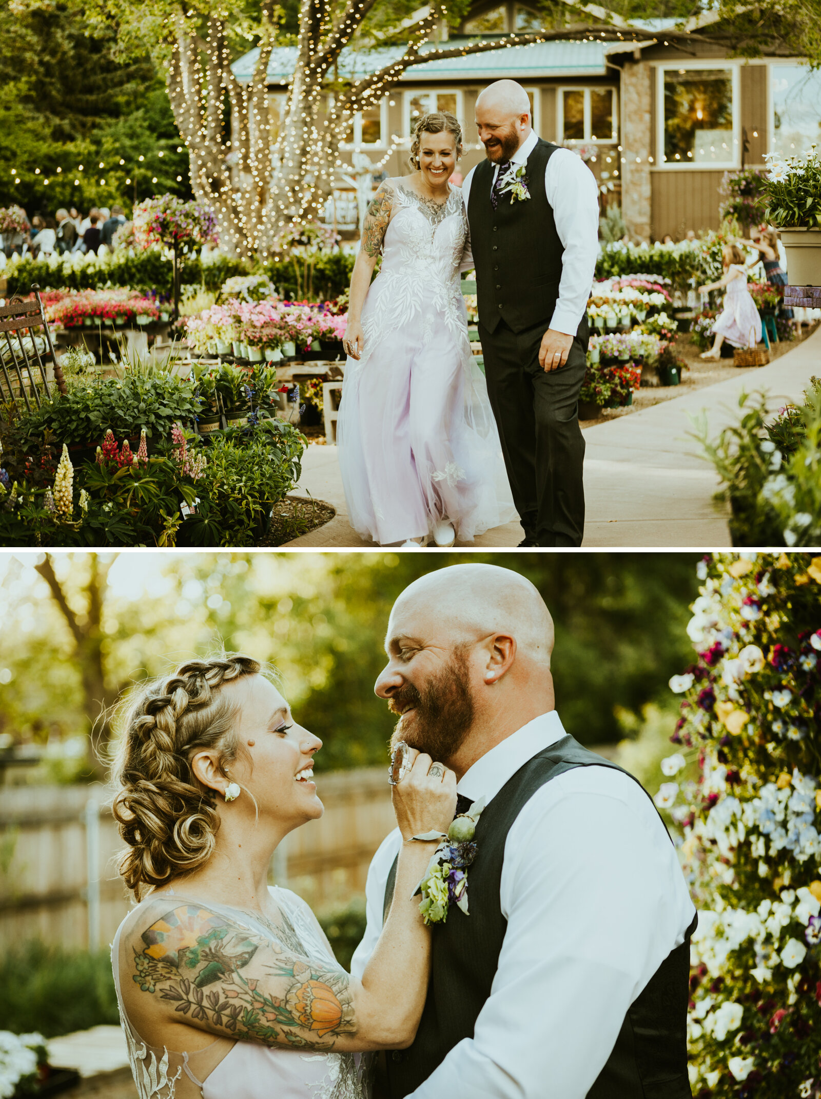A bride and groom kissing at violas flower garden in flagstaff arizona, the bride is wearing a purple wedding dress and there are flowers blooming in the background-11.jpg