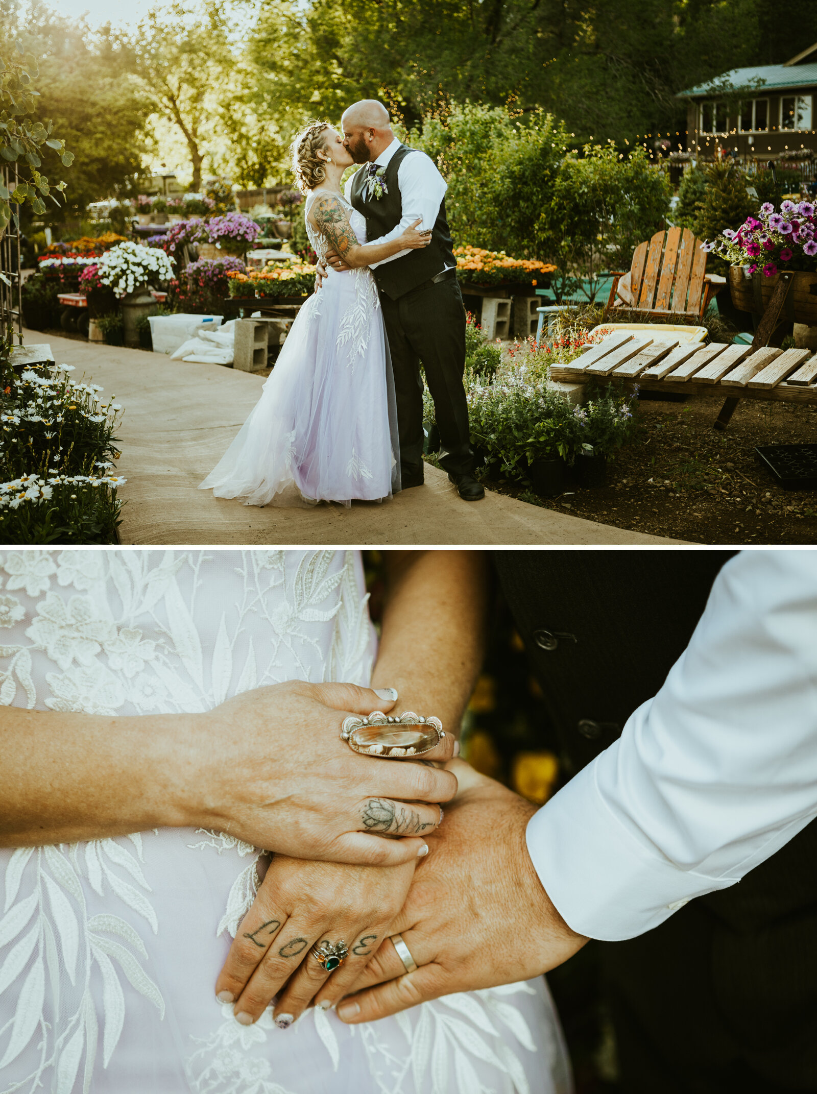 A bride and groom kissing at violas flower garden in flagstaff arizona, the bride is wearing a purple wedding dress and there are flowers blooming in the background.jpg