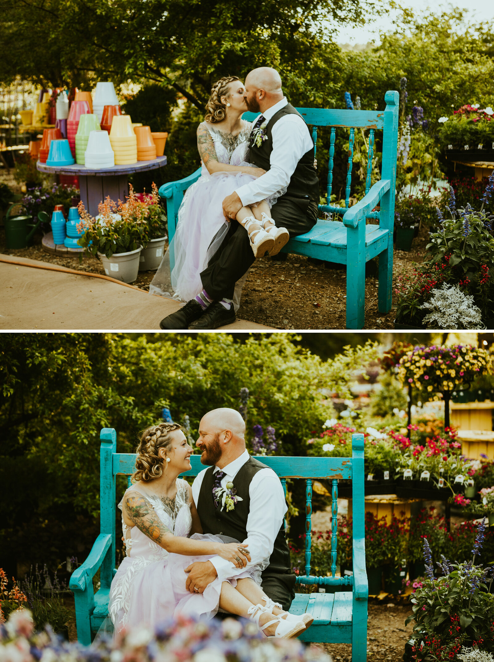 a bride and groom sitting on a teal bench at violas flower garden in flagstaff arizona the bride is wearing a purple wedding dress.jpg