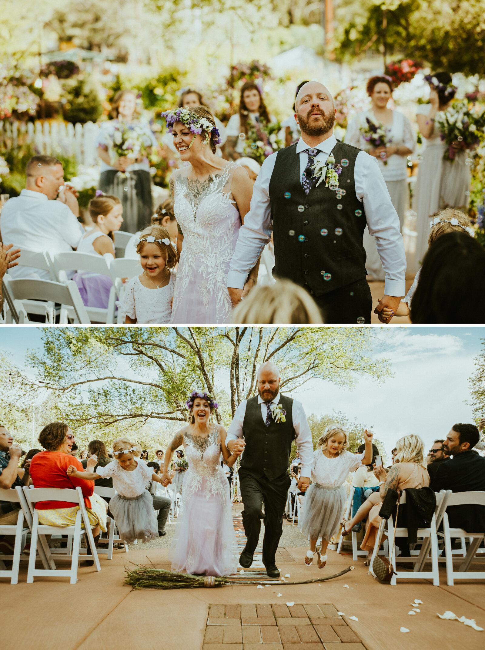 a bride and groom walking down the aisle with their daughters and jumping over a broomstick.jpg