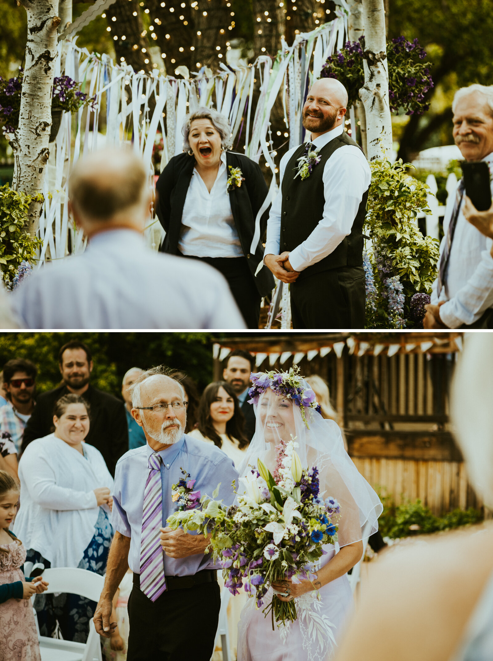 A groom and his sister reacting to his bride walking down the aisle with her dad in a purple wedding dress.jpg