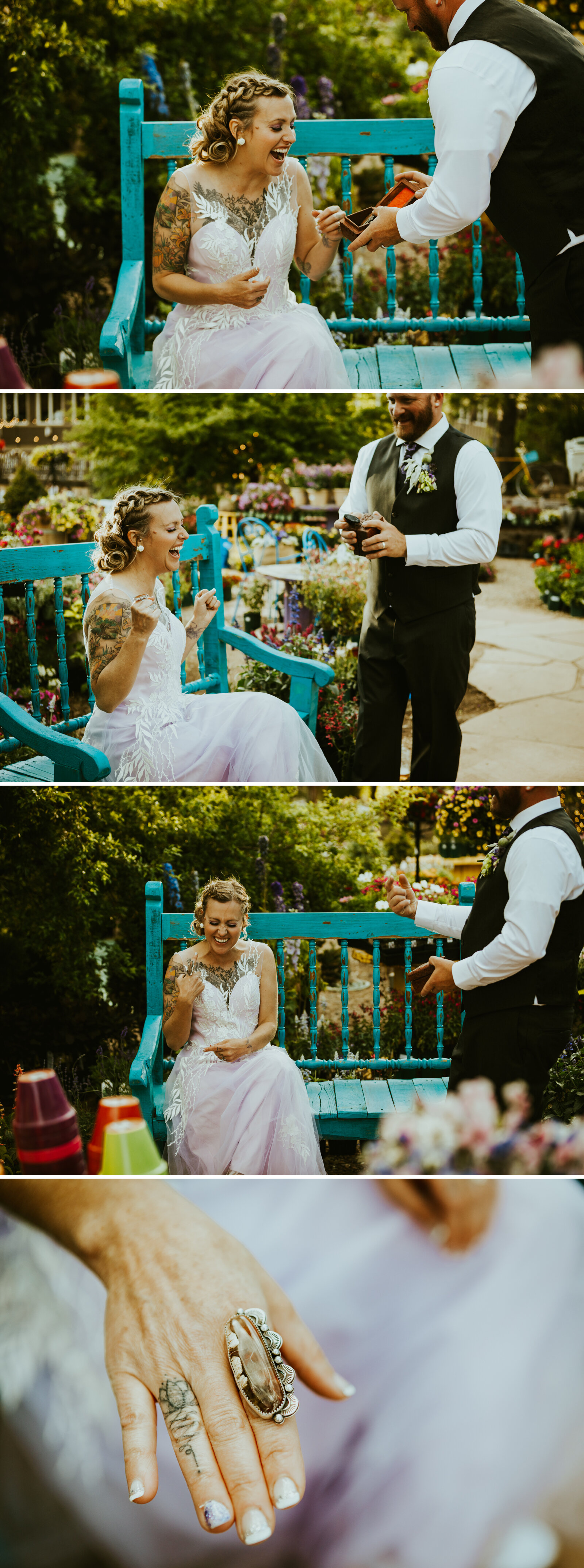 A groom giving his bride a surprise gift on their wedding day, the bride is wearing a purple wedding dress and sitting on a bench.jpg