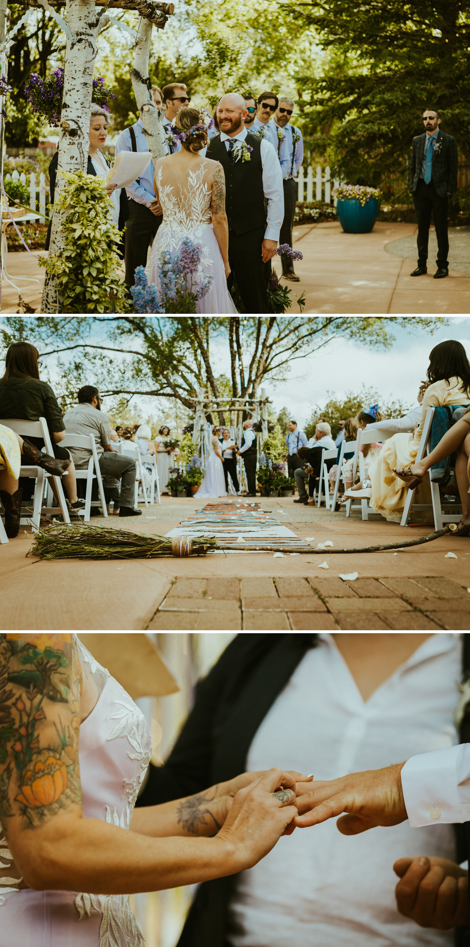 A wedding ceremony in flagstaff arizona at violas flower garden in june featuring a broom at the end of the aisle .jpg