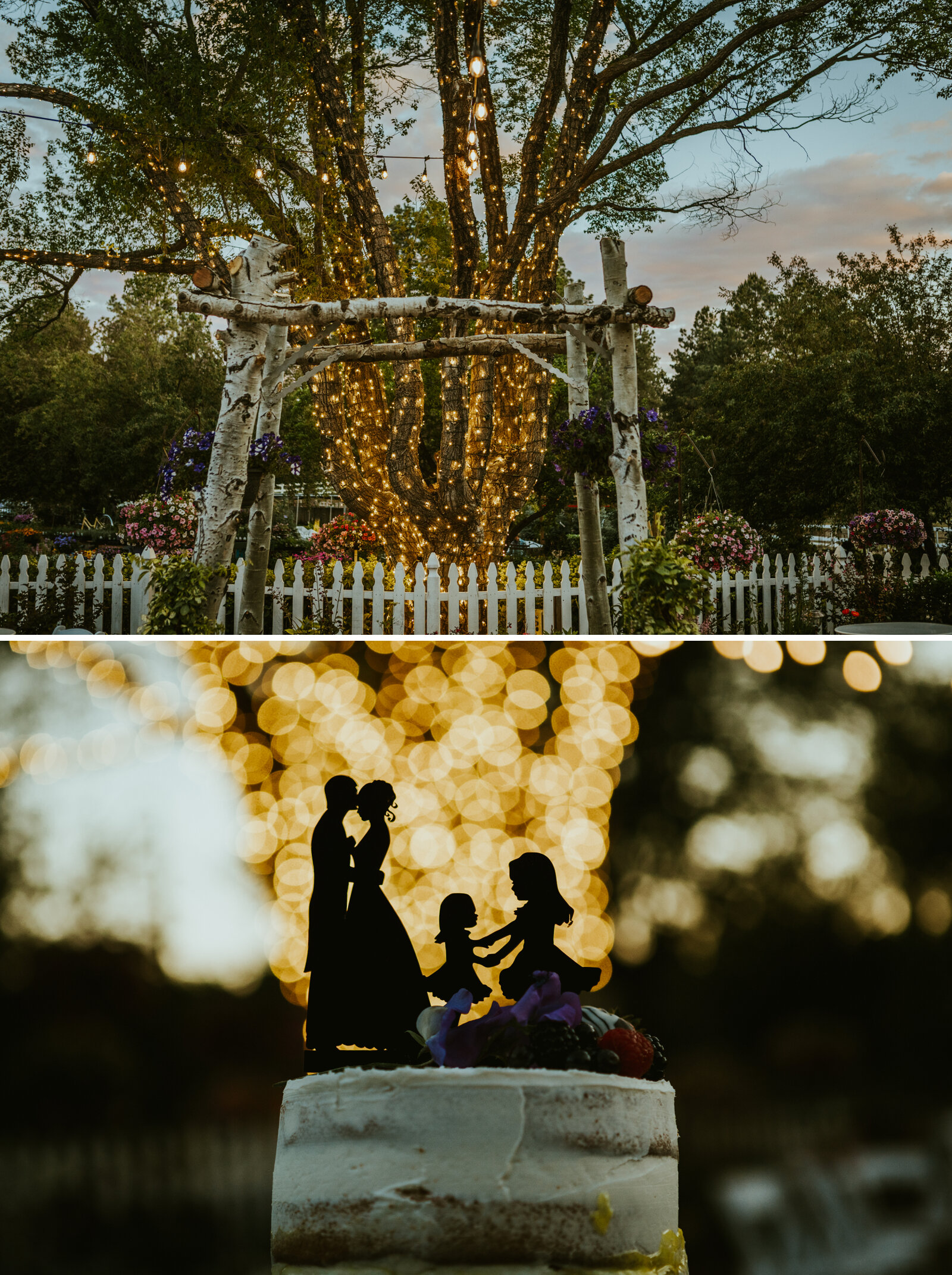 after dark decor at violas flower garden with string lights and a cake topper.jpg