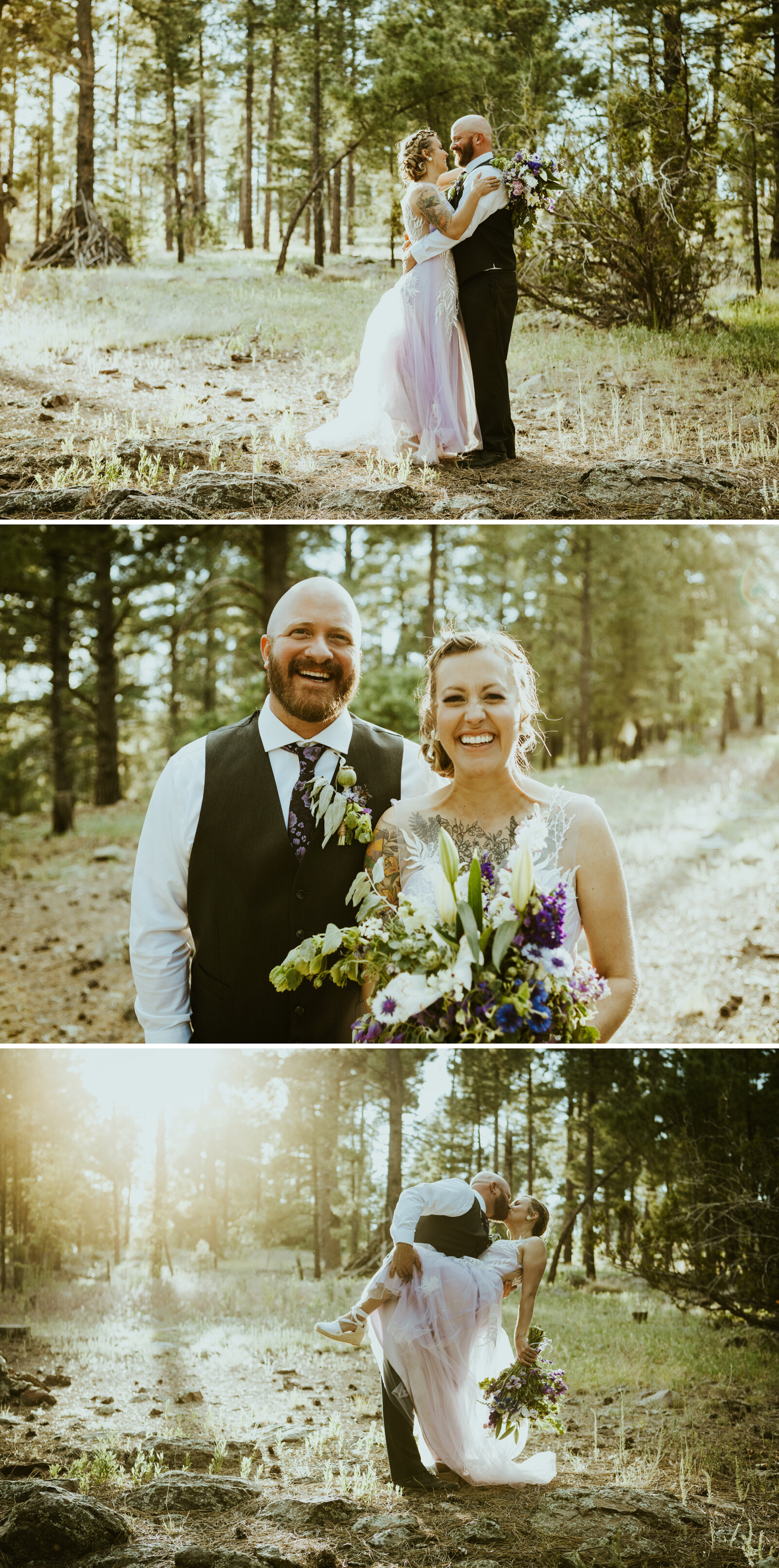 bride and groom photos in the woods of flagstaff arizona the bride is wearing a purple wedding dress.jpg