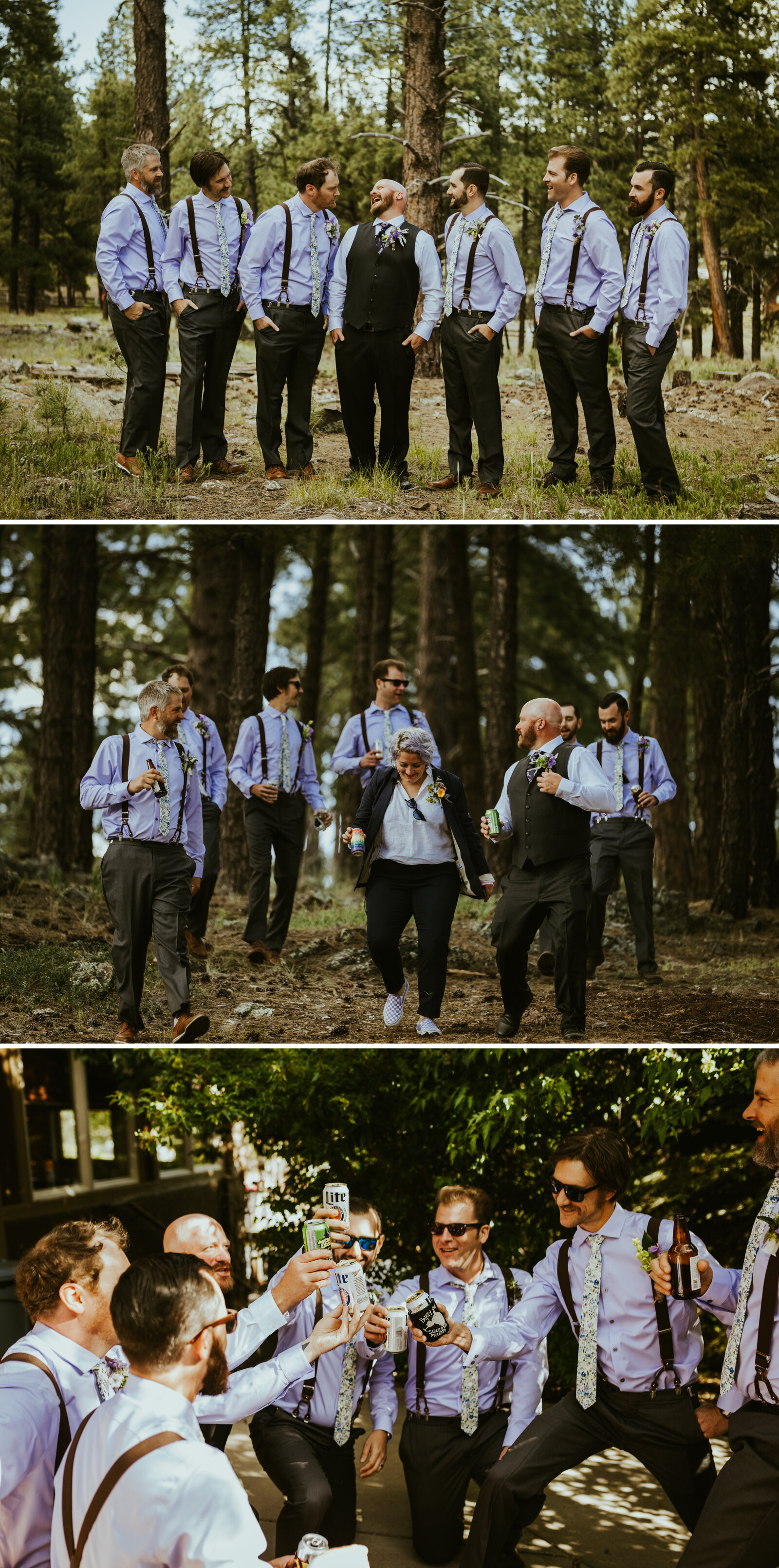 flagstaff arizona groomsmen wedding party photos groomsmen wearing purple shirts floral ties and suspenders and sunglasses toasting a beer.jpg