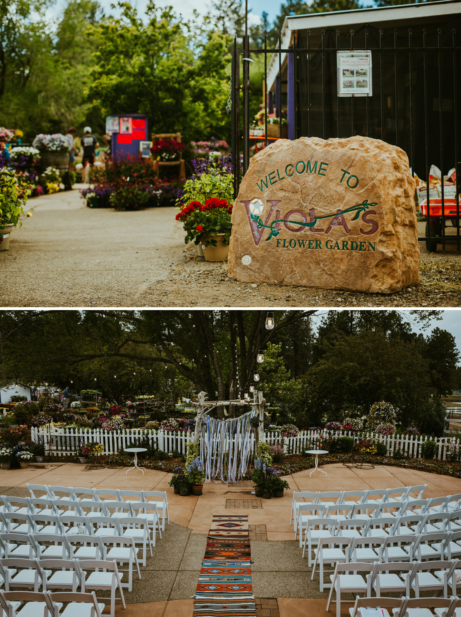 flagstaff wedding venues violas flower garden business sign and a wedding ceremony location with a decorated arch and seats.jpg