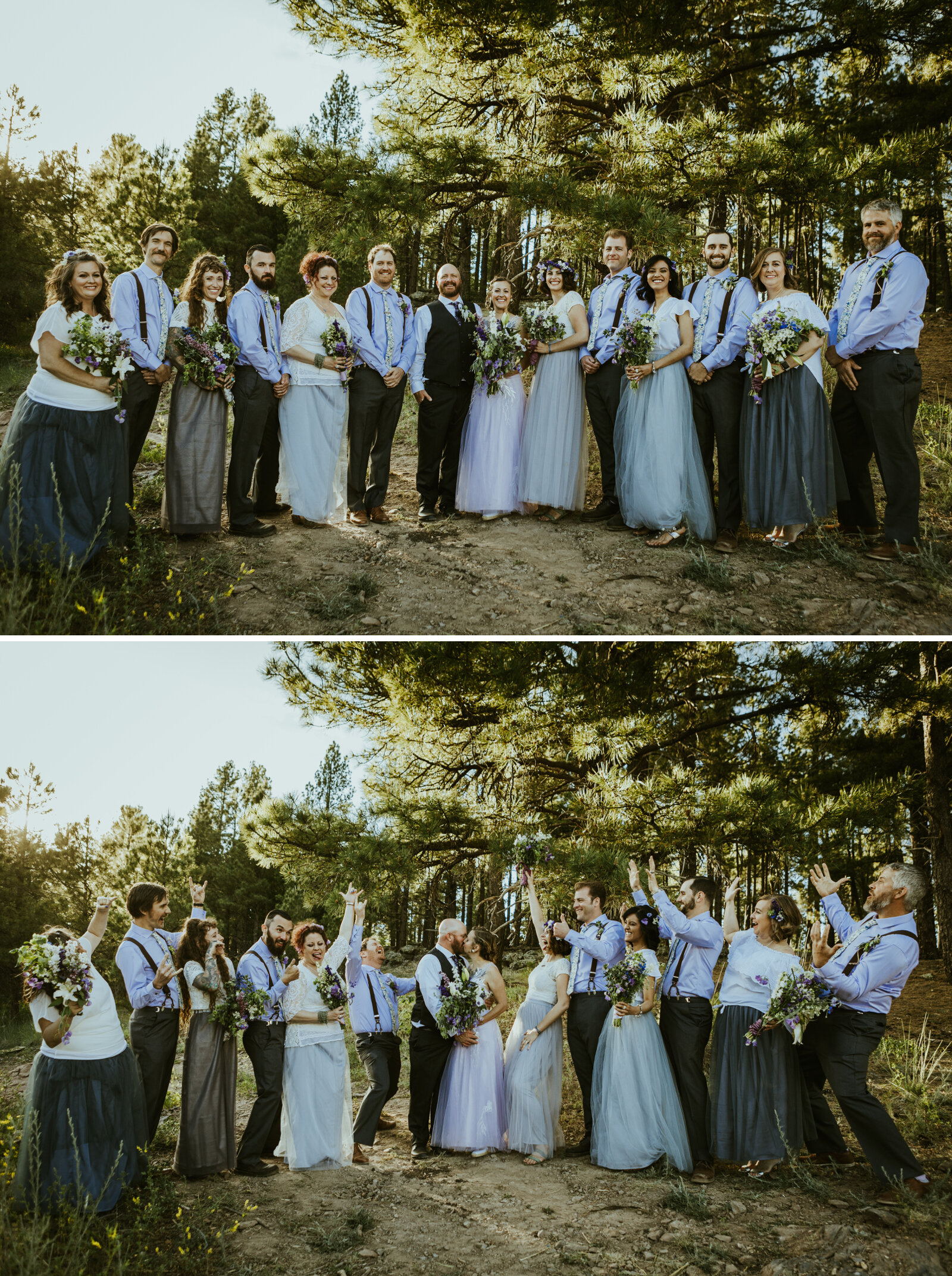 full wedding party photos in flagstaff arizona with bridesmaids and groomsmen cheering on the bride and groom.jpg