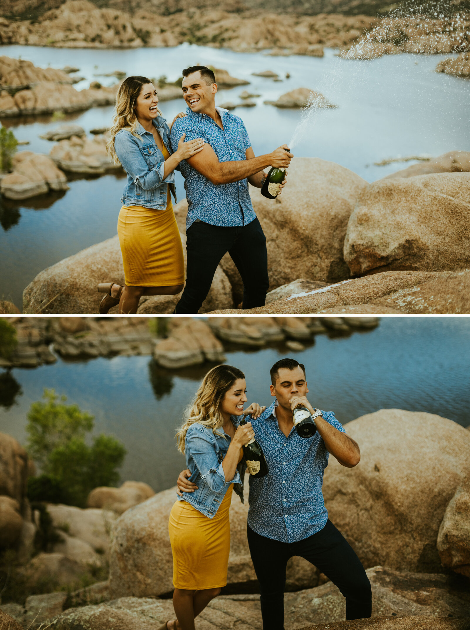 prescott arizona engagement photos watson lake couple outfit inspiration color pallete outfit ideas blue and yellow couple clothing engagement posing ideas champagne spray.jpg