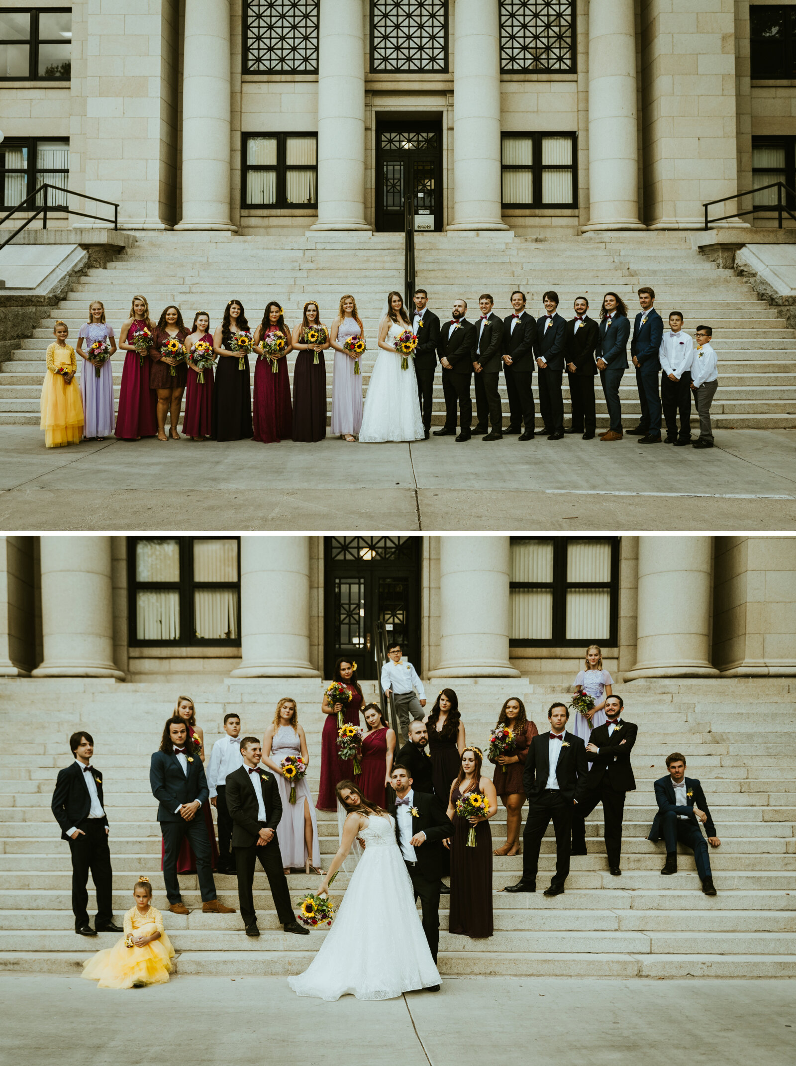 grand highland hotel prescott arizona wedding photography arizona wedding venue holiday courtyard downtown Prescott wedding courhouse steps wedding party photos mixed bridesmaid dresses summer purple dresses yellow flower girl black suits .jpg