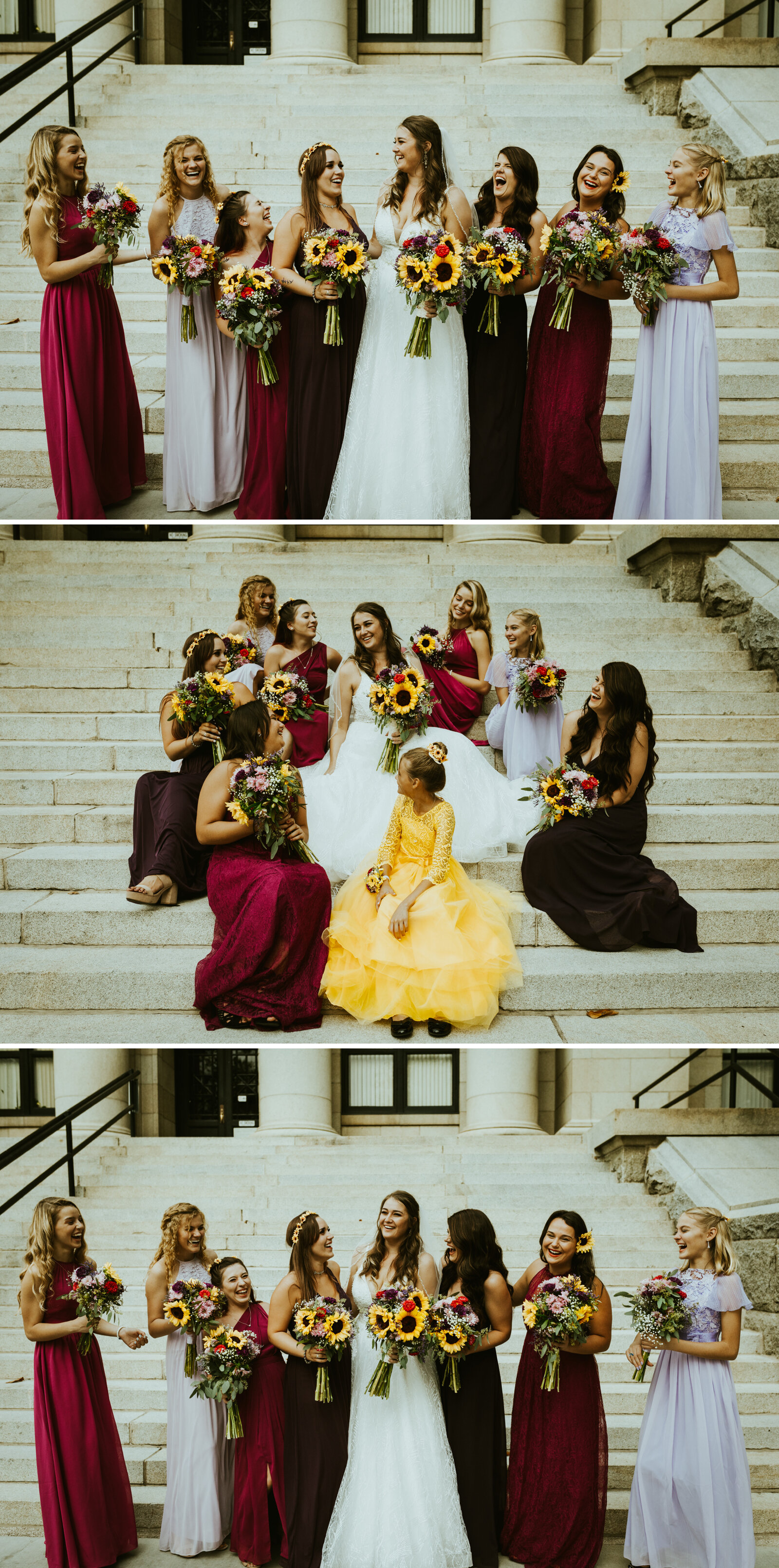 grand highland hotel prescott arizona wedding photography arizona wedding venue holiday courtyard downtown Prescott wedding purple bridemaid dresses yellow flower girl dress sunflower bridesmaid bouquets bridesmaid posing inspiration.jpg