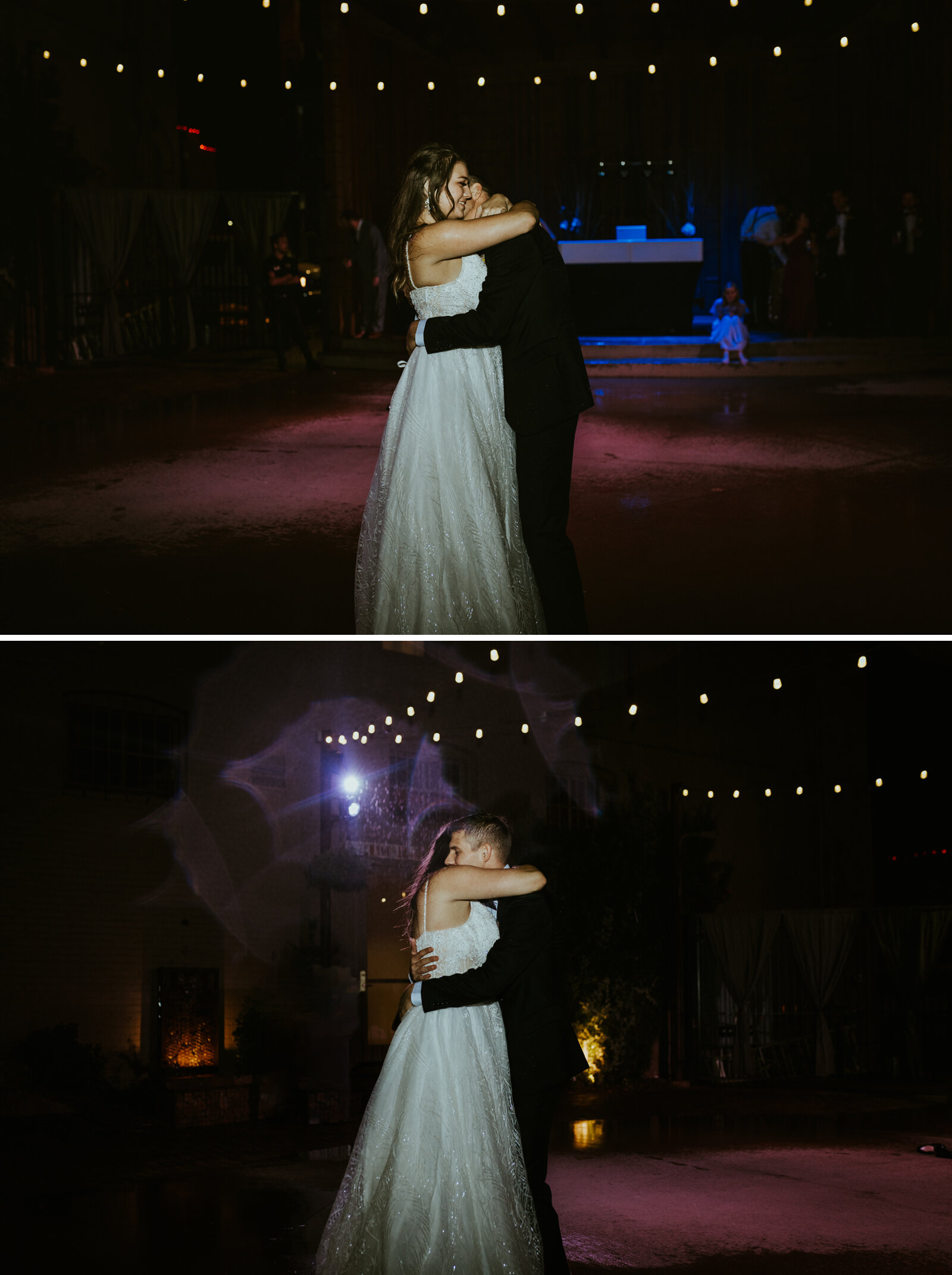 grand highland hotel prescott arizona wedding photography arizona wedding venue holiday courtyard downtown Prescott wedding reception first dance between bride and groom in the rain outside.jpg