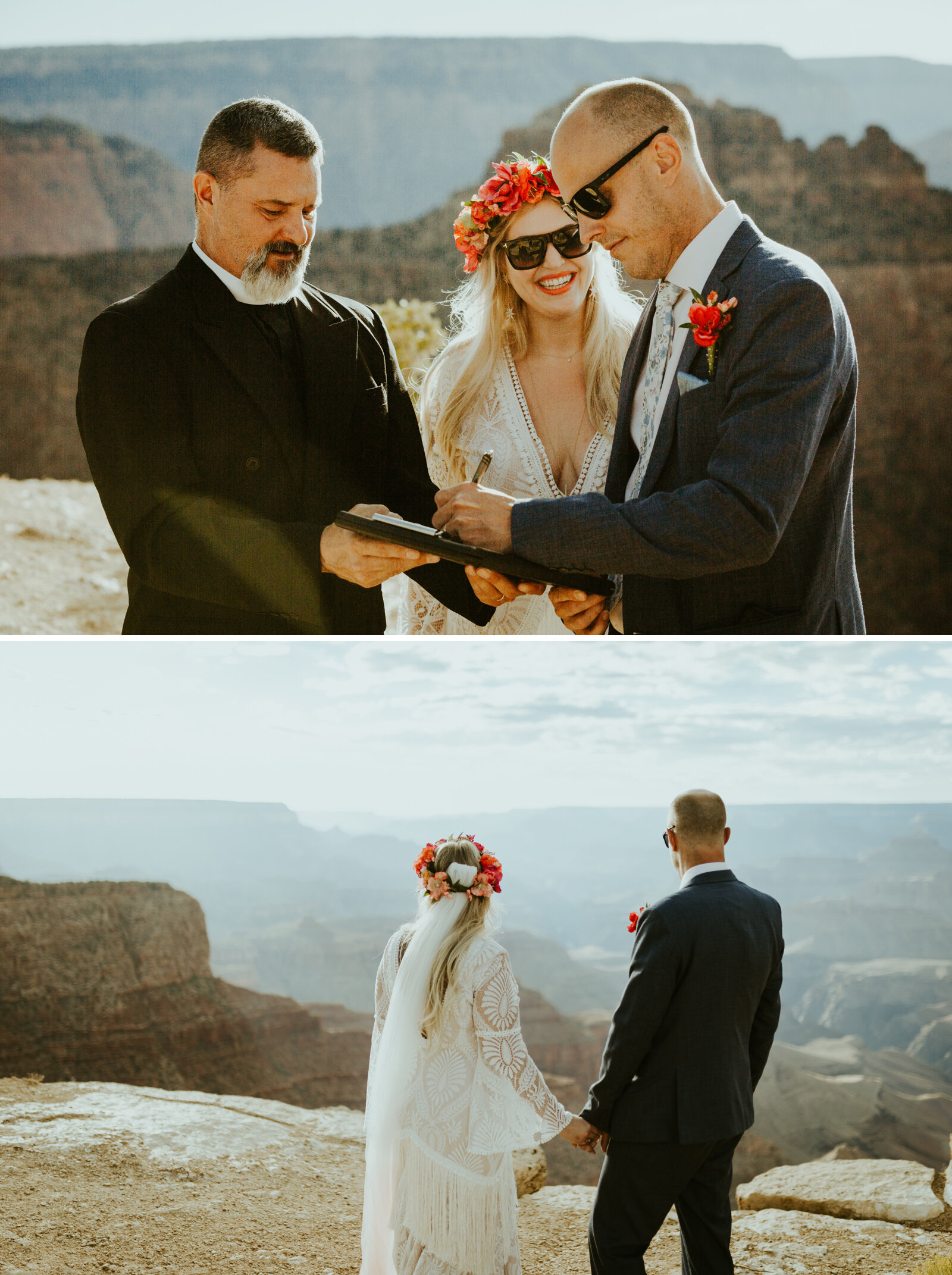 Grand Canyon National Park Elopement Moran Point Arizona boho wedding Photography boho style inspo bohemian bride inspiration bibiluxe dress faux flower crown fake wedding flowers signing marriage license wedding certificant officiant .jpg