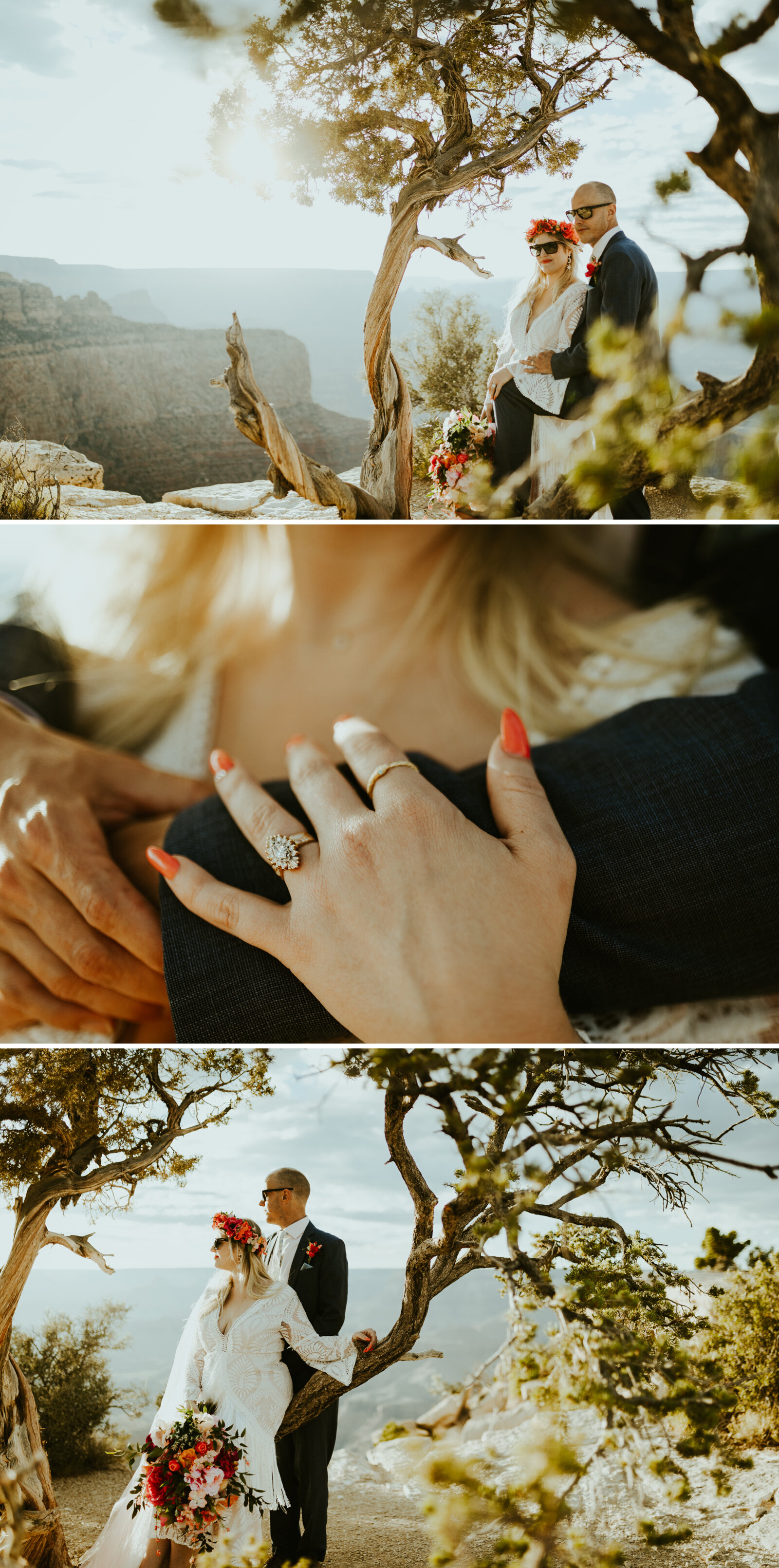 moran point grand canyon national park arizona elopement photography bibiluxe dress with fringe tassels boho bride inspiration boho wedding style inspo bride and groom with sunglasses tom for sunglasses heidi gibson engagement ring bridal bouquet.jpg