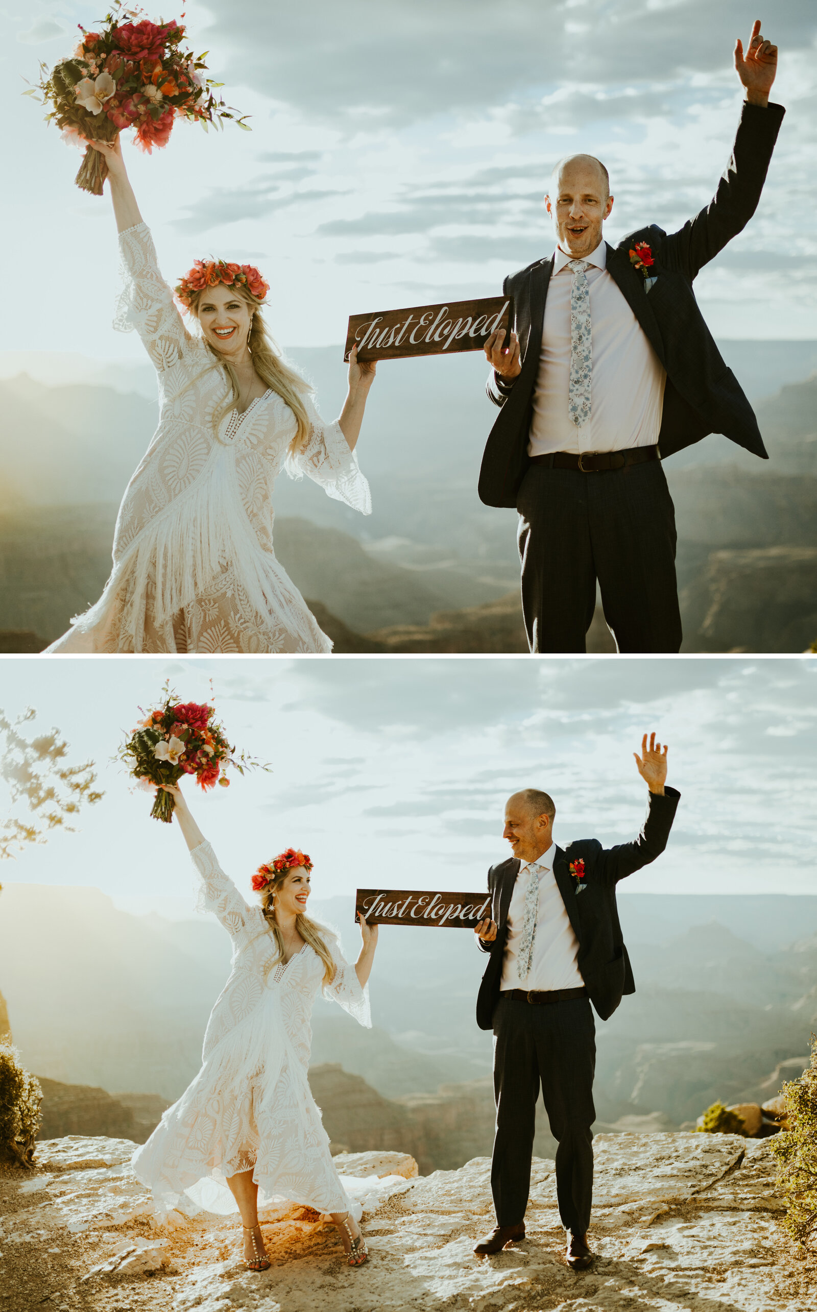 moran point grand canyon national park arizona elopement photography bibiluxe dress with fringe tassels boho bride inspiration boho wedding style inspo faux flowers fake wedding florals DIY dip dyed veil just eloped sign over the moon bridal.jpg