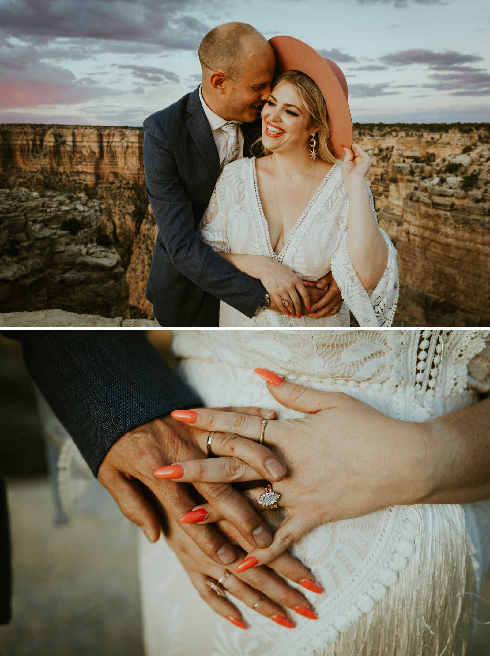 moran point grand canyon national park arizona elopement photography bibiluxe dress with fringe tassels boho bride inspiration boho wedding style inspo lack of color hat bridal hat bride and groom posing ideas romantic bride and groom photo ideas.jpg