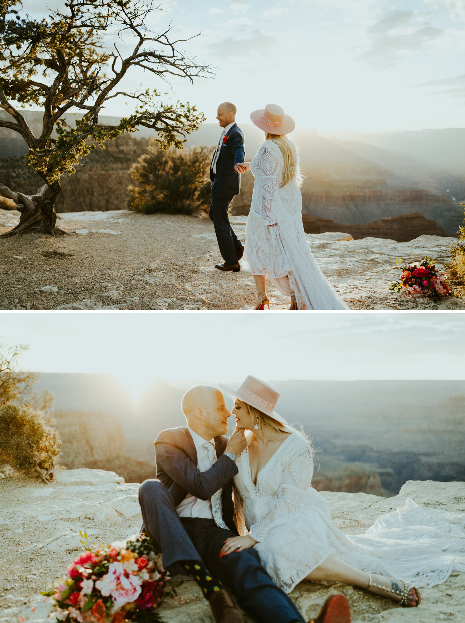 moran point grand canyon national park arizona elopement photography bibiluxe dress with fringe tassels boho bride inspiration boho wedding style inspo lack of color hat bridal hat bride and groom posing ideas romantic bride and groom photo inspo.jpg
