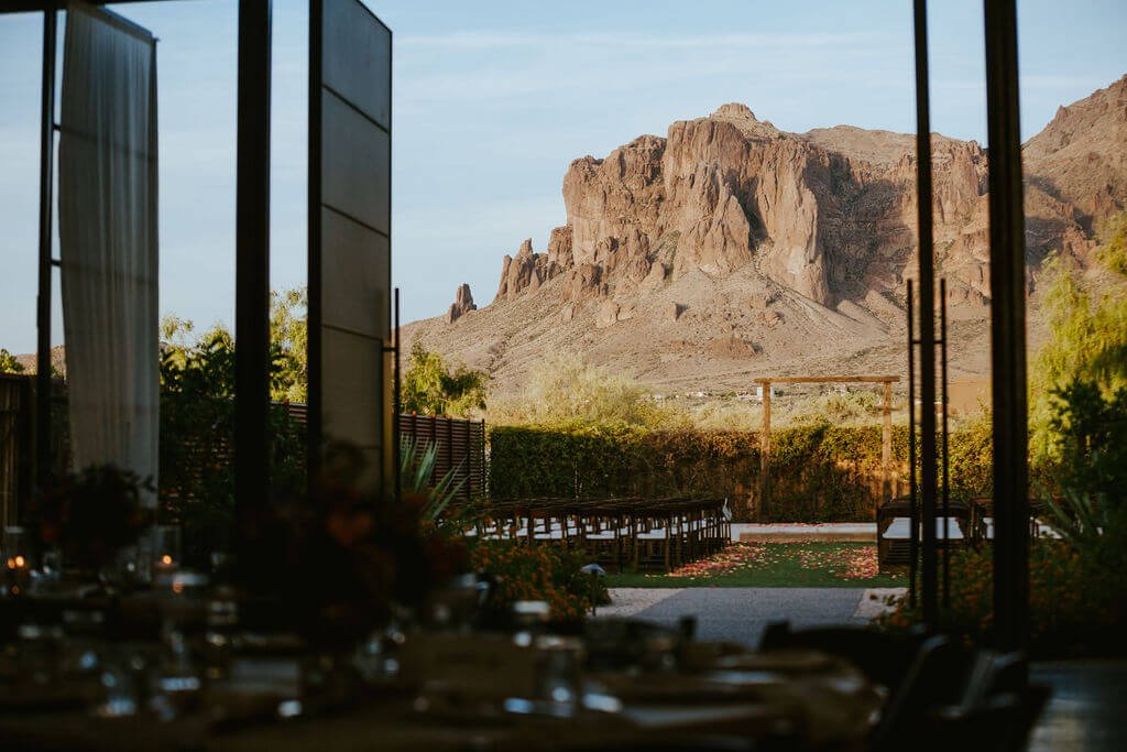 The Paseo wedding event space interior with mountains in the background